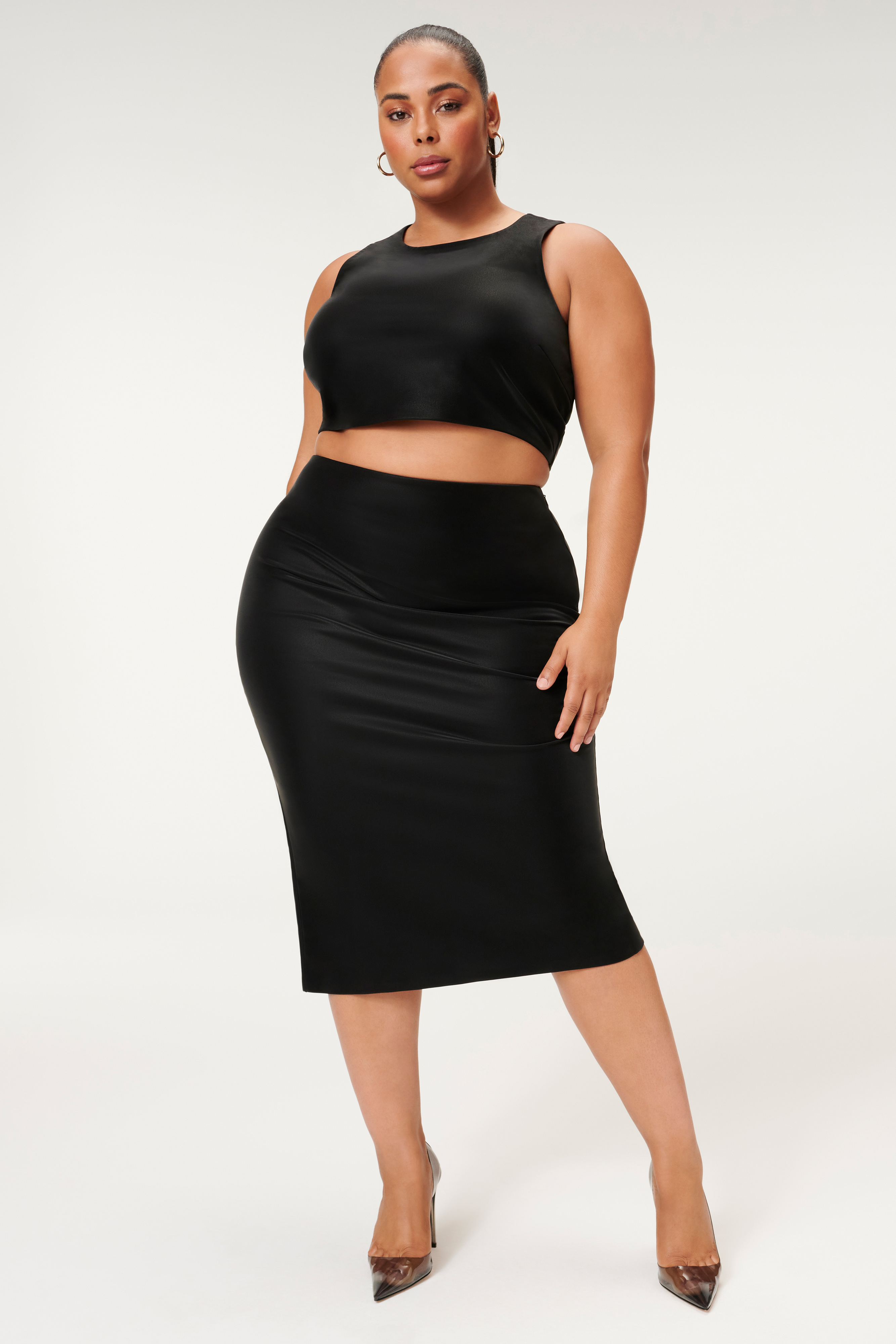 Styled With feature image for product BETTER THAN LEATHER MIDI SKIRT | BLACK001