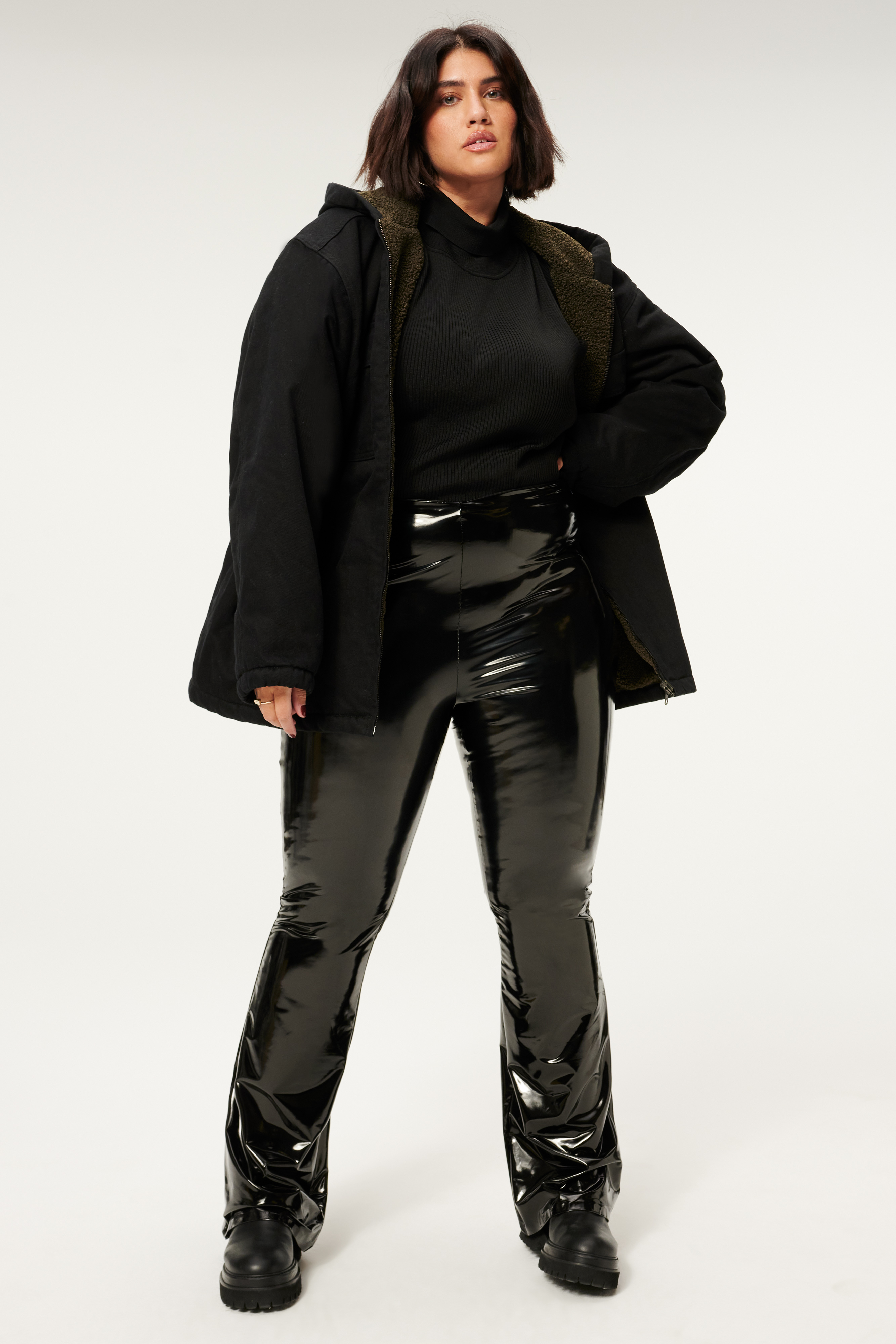 SHERPA DENIM JACKET in BLACK001 styled with our VINYL FLARE LEGGINGS in BLACK001, PLAITED RIB MOCK NECK BODYSUIT in BLACK001, or PULL ON BOOT in BLACK LEATHER001