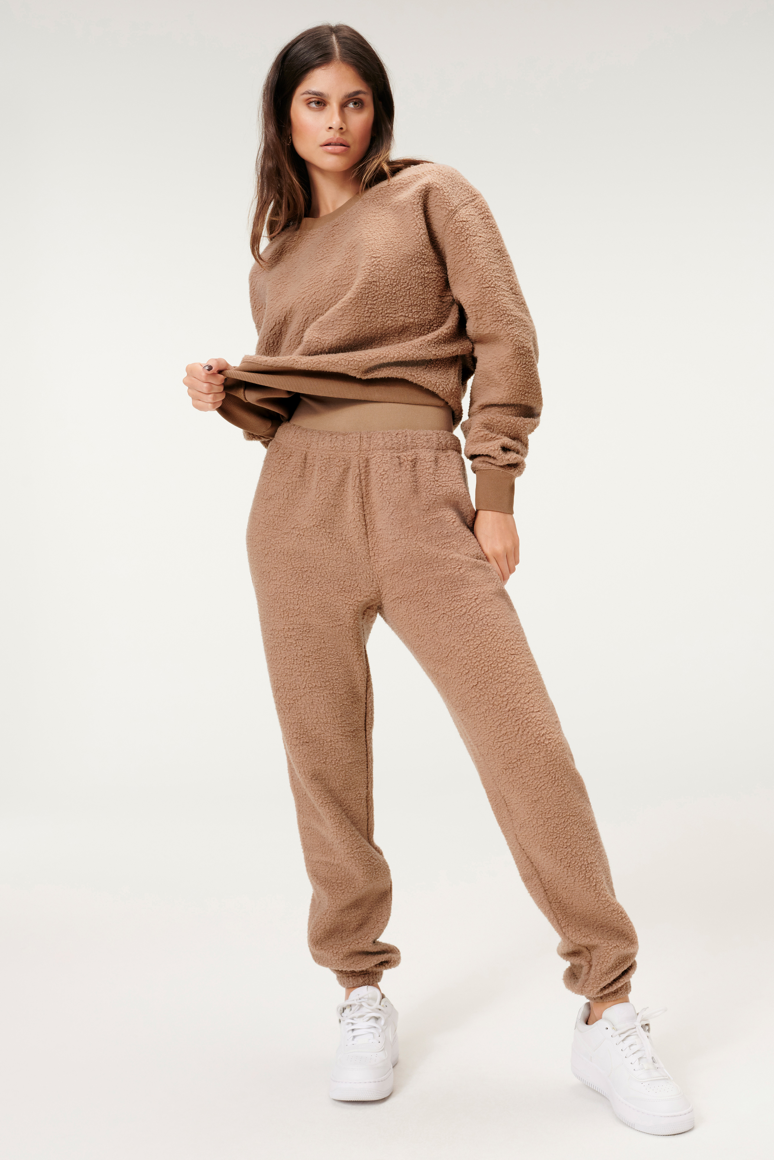 SHERPA BOYFRIEND SWEATSHIRT in PUTTY001 styled with our SHERPA BOYFRIEND SWEATPANT in PUTTY001
