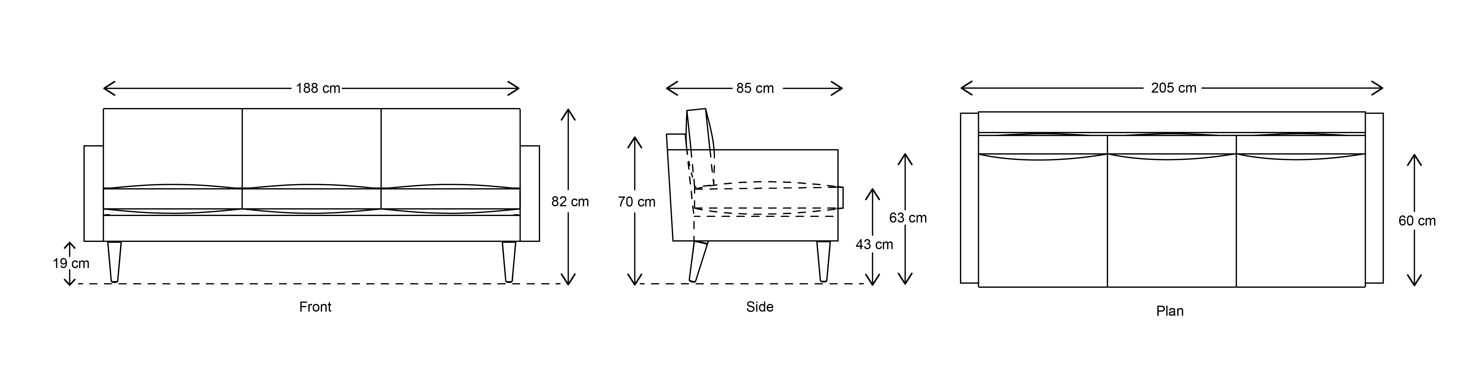 Model 01 3 Seater Dimensions drawing