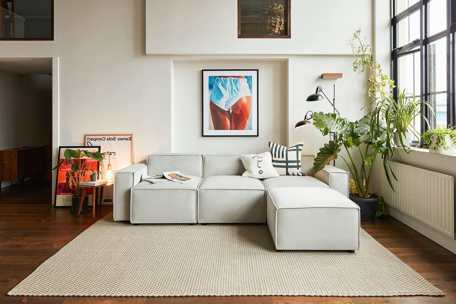 Model 03 3 seater chaise sofa in light grey velvet