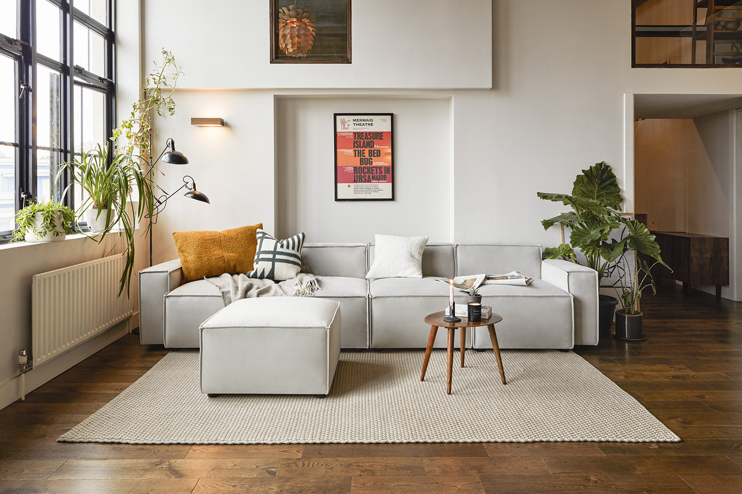 Model 03 4 seater chaise sofa in light grey velvet