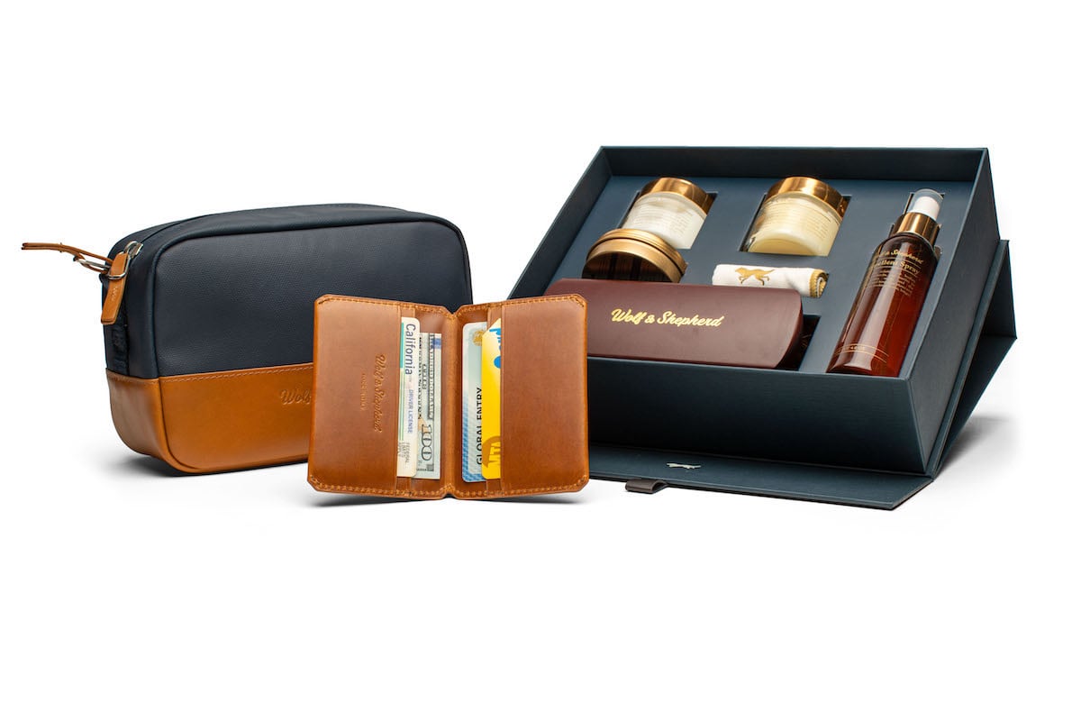 Dopp Kit, Wallet, and Shoe Care kit against a white background