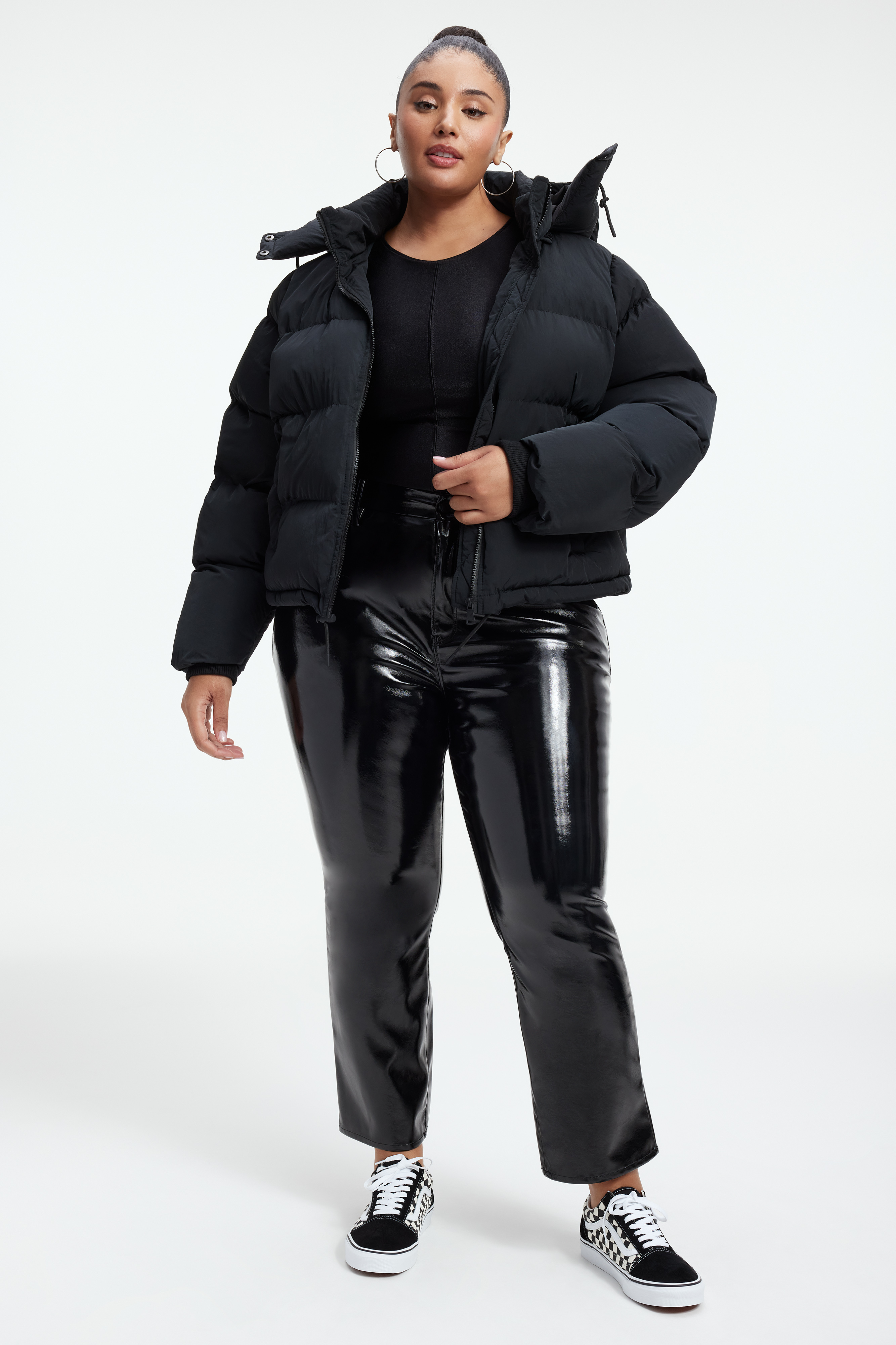 IRIDESCENT PUFFER in BLACK001 styled with our GOOD '90S VINYL PANTS in BLACK001, or VINYL LEGGINGS in BLACK001