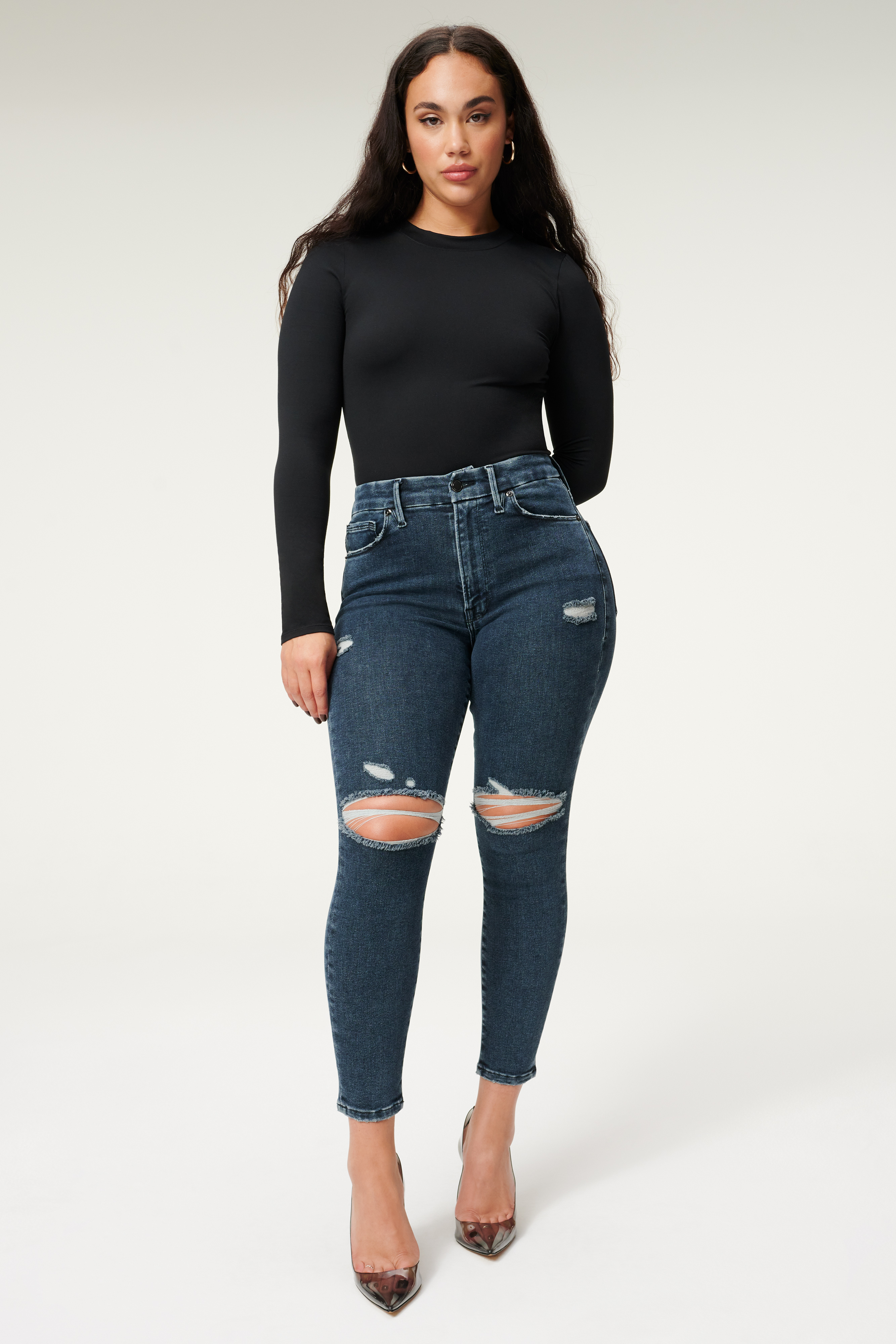ALWAYS FITS GOOD WAIST CROPPED JEANS in BLUE857 styled with our GOOD FORM CREWNECK BODY in BLACK001,