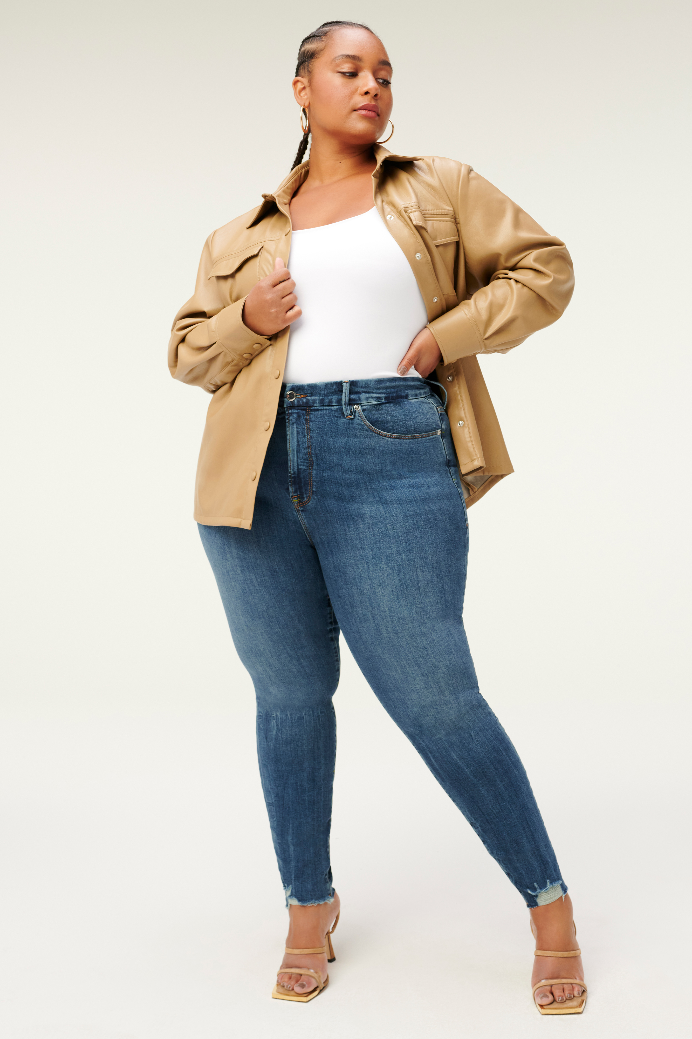 FAUX LEATHER UTILITY SHIRT in WARM CARAMEL003 styled with our SEAMLESS SKINNY STRAP BODYSUIT in BONE001,