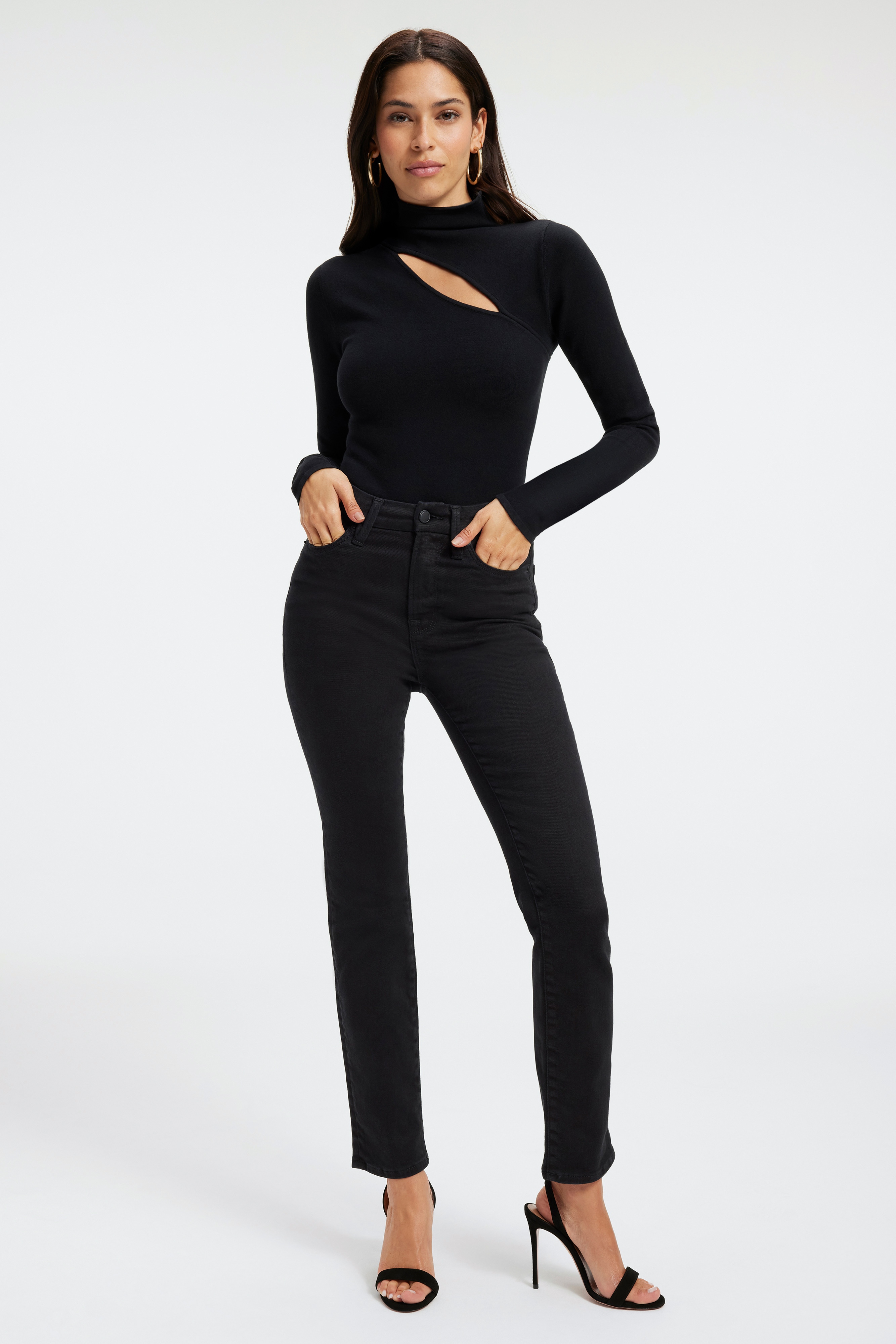 SHOULDER SLIT SWEATER BODYSUIT in BLACK001 styled with our GOOD CLASSIC BOOTCUT JEANS in BLACK162, GOOD BOY JEANS in BLACK295, or GOOD CLASSIC JEANS in BLACK299