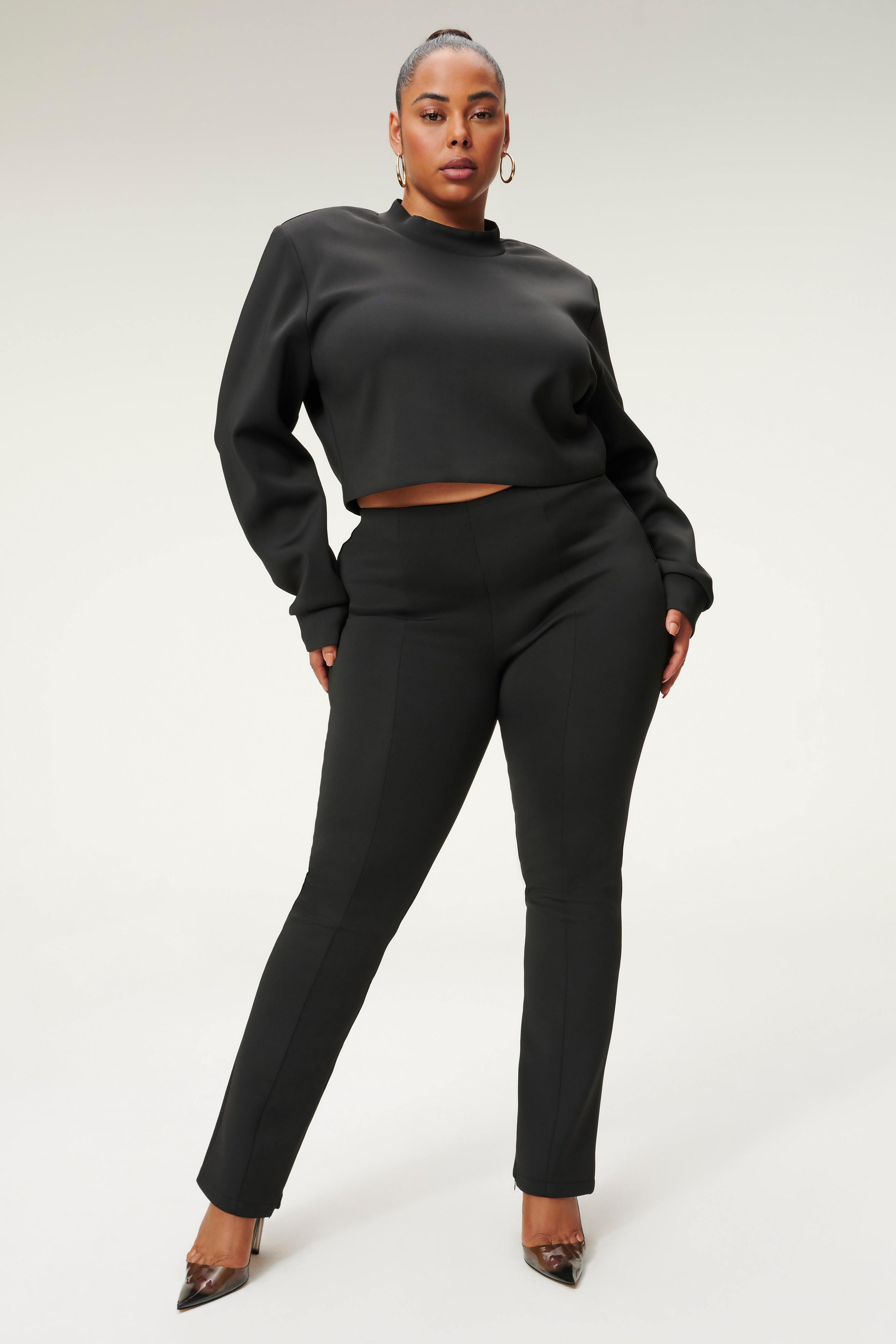 SCUBA CROP MOCK NECK in BLACK001 styled with our SCUBA SLIM FLARE PANT in BLACK001,