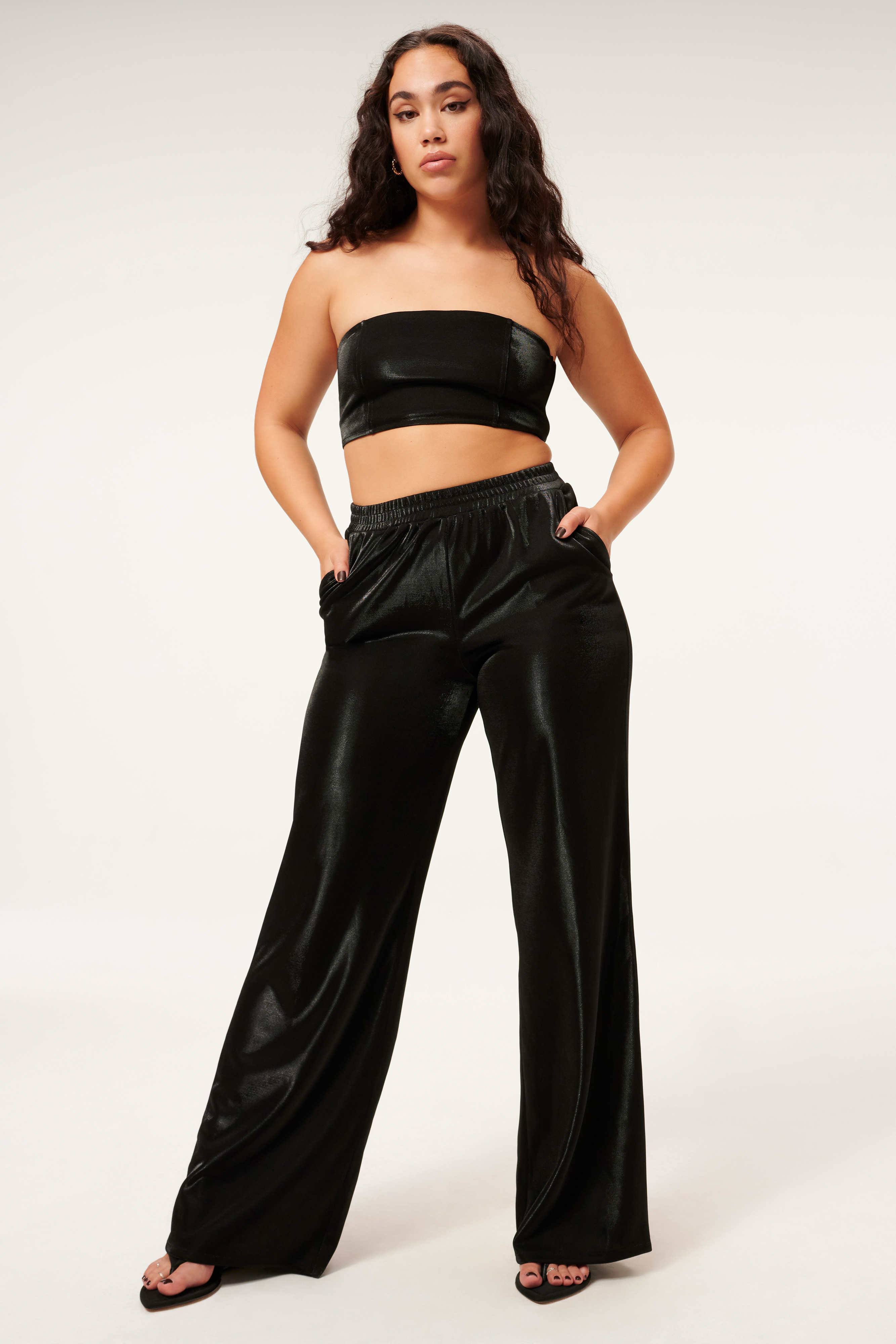 SHINE PIQUE WIDE LEG in BLACK001 styled with our SHINE PIQUE TUBE TOP in BLACK001,