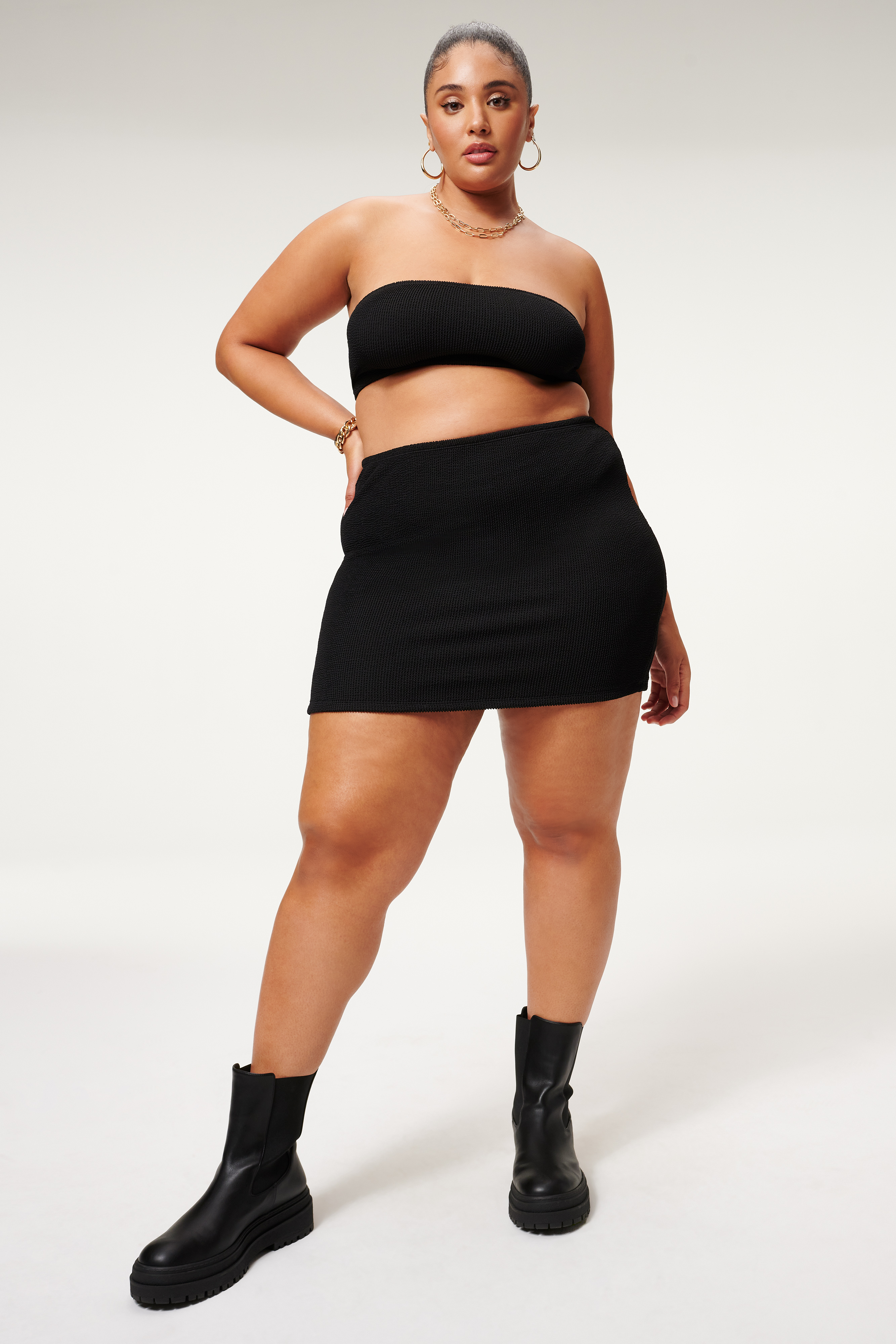 ALWAYS FITS MINI SKIRT in BLACK001 styled with our ALWAYS FITS BETTER BAND BIKINI TOP in BLACK001, or ALWAYS FITS TINY TIES BIKINI TOP in BLACK001