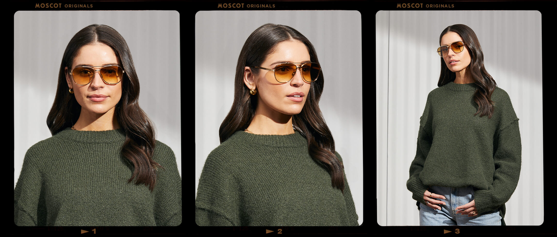 Model is wearing The SHAV SUN in Gold in size 59 with Chestnut Fade Tinted Lenses