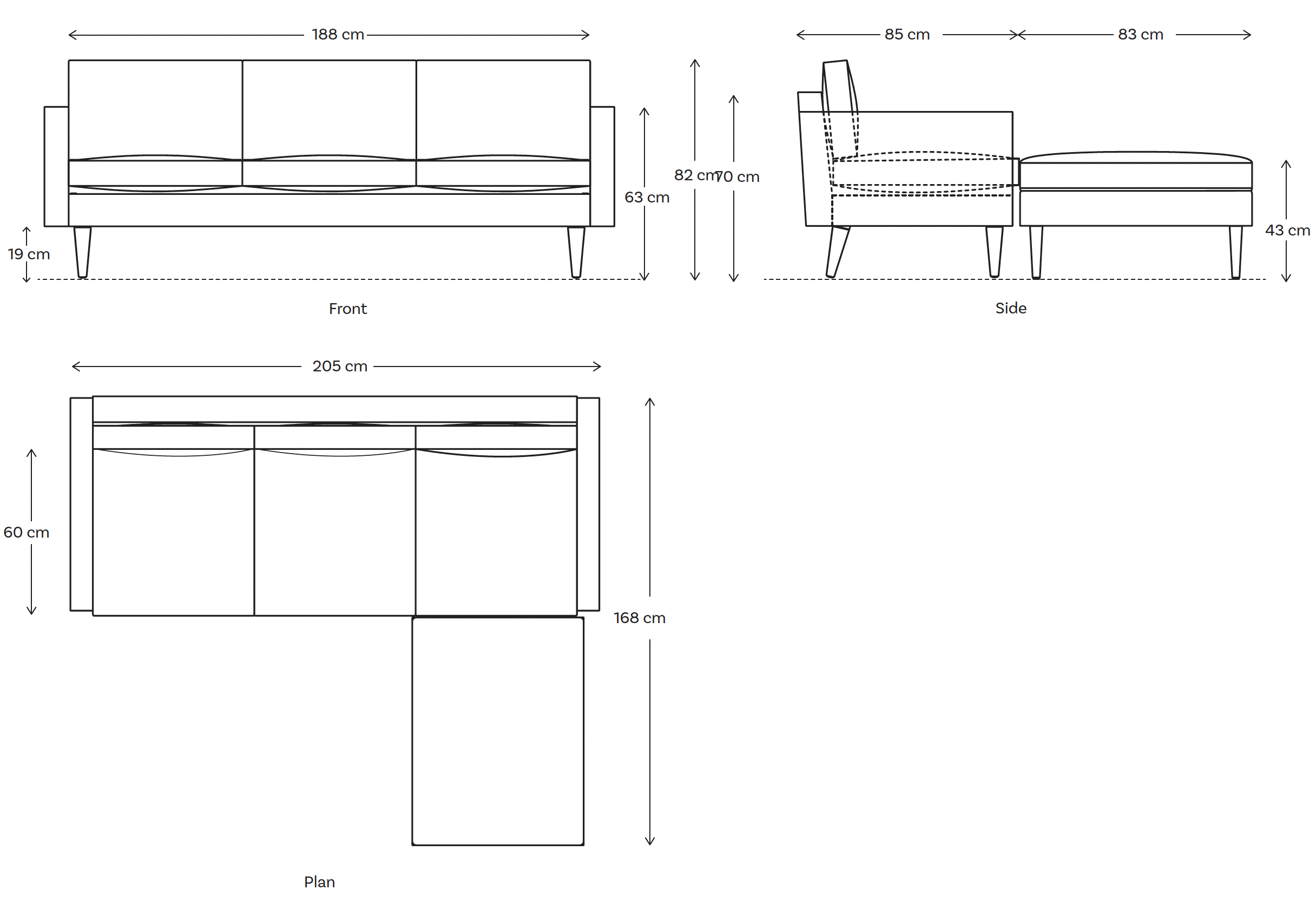 3 seater sofa chaise dimensions