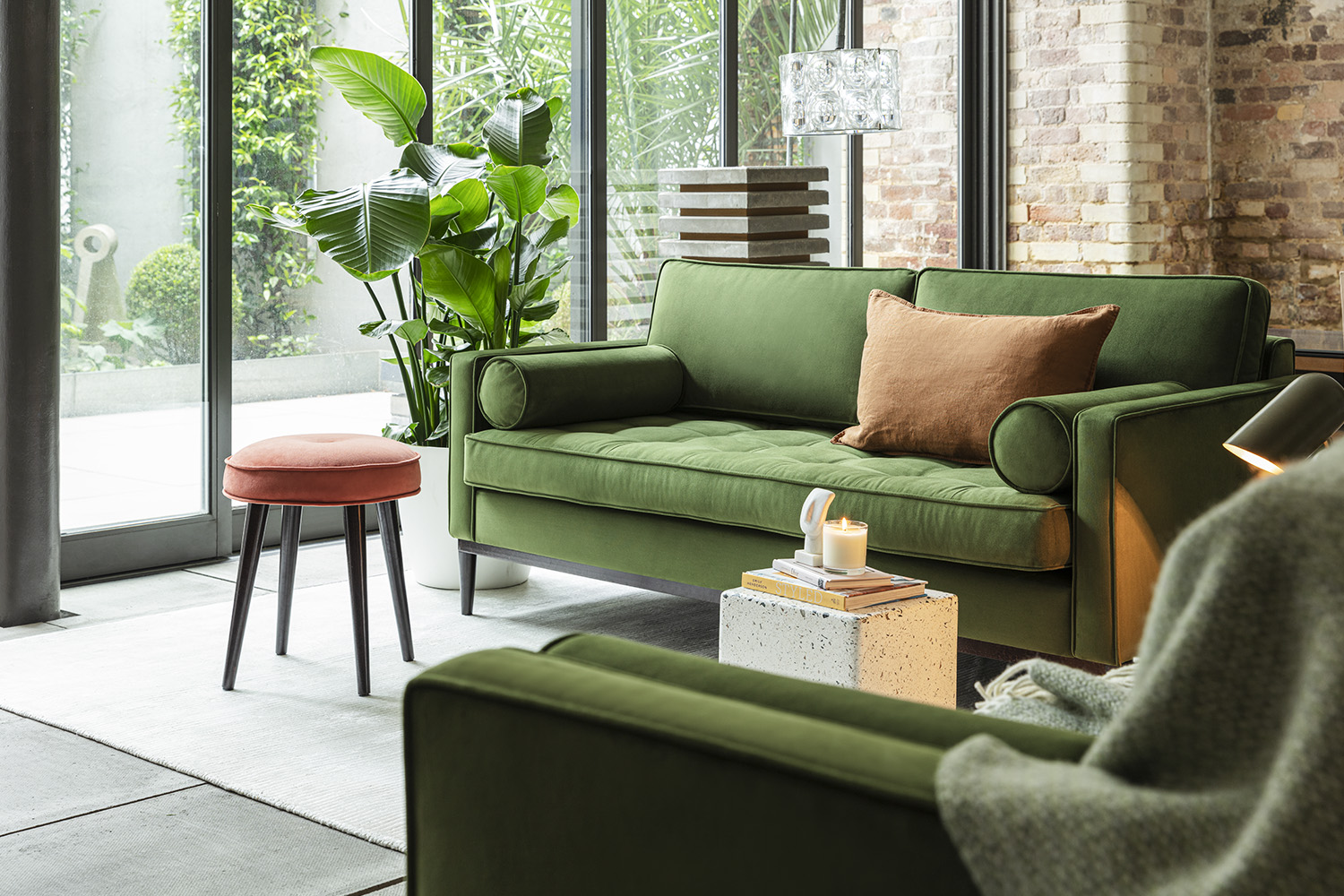 Model 02 Sofa Set in Vine Velvet with Model 00 Stool in Brick Velvet