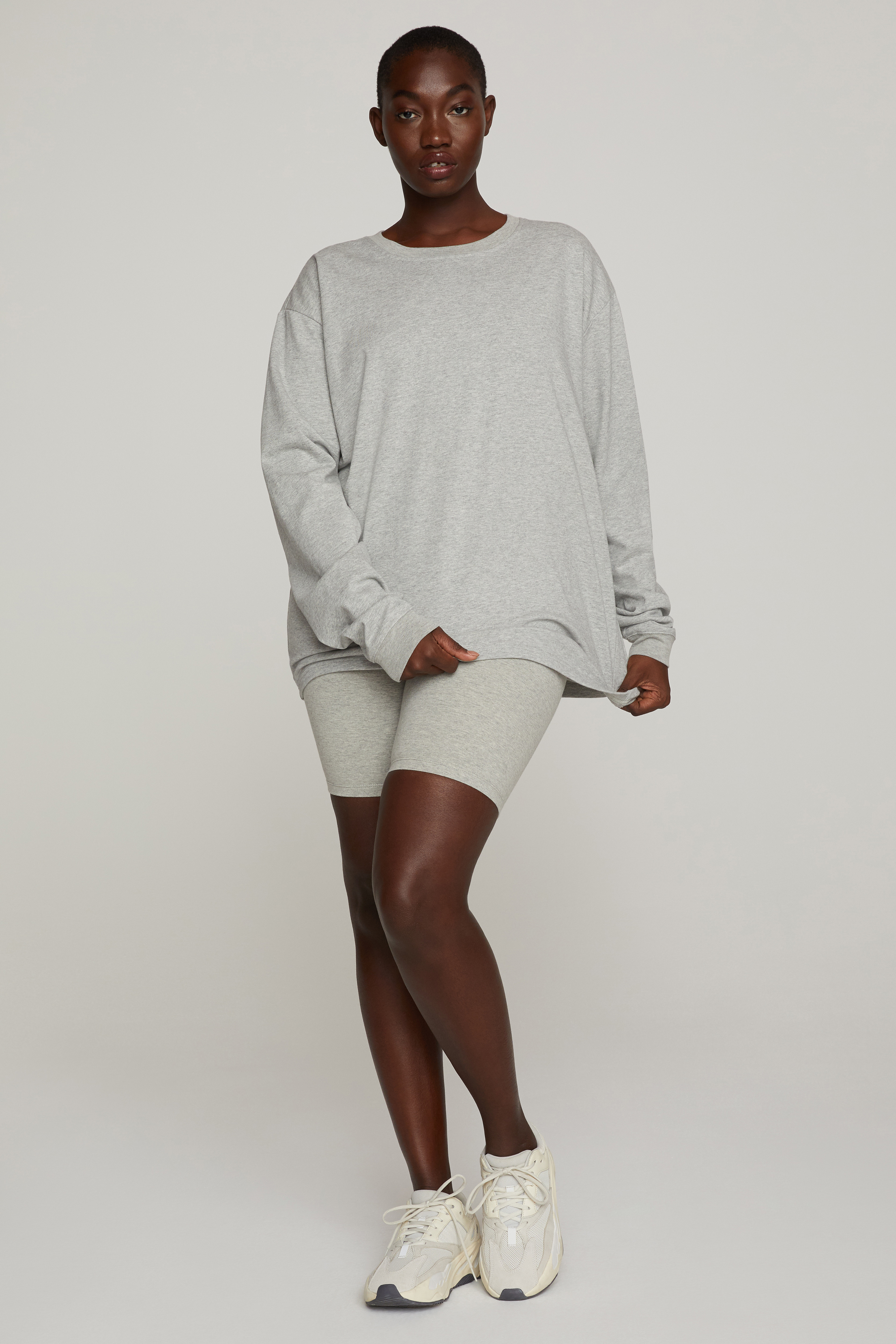 Styled With feature image for product ESSENTIAL LONG SLEEVE CREW TEE | HEATHER GREY001