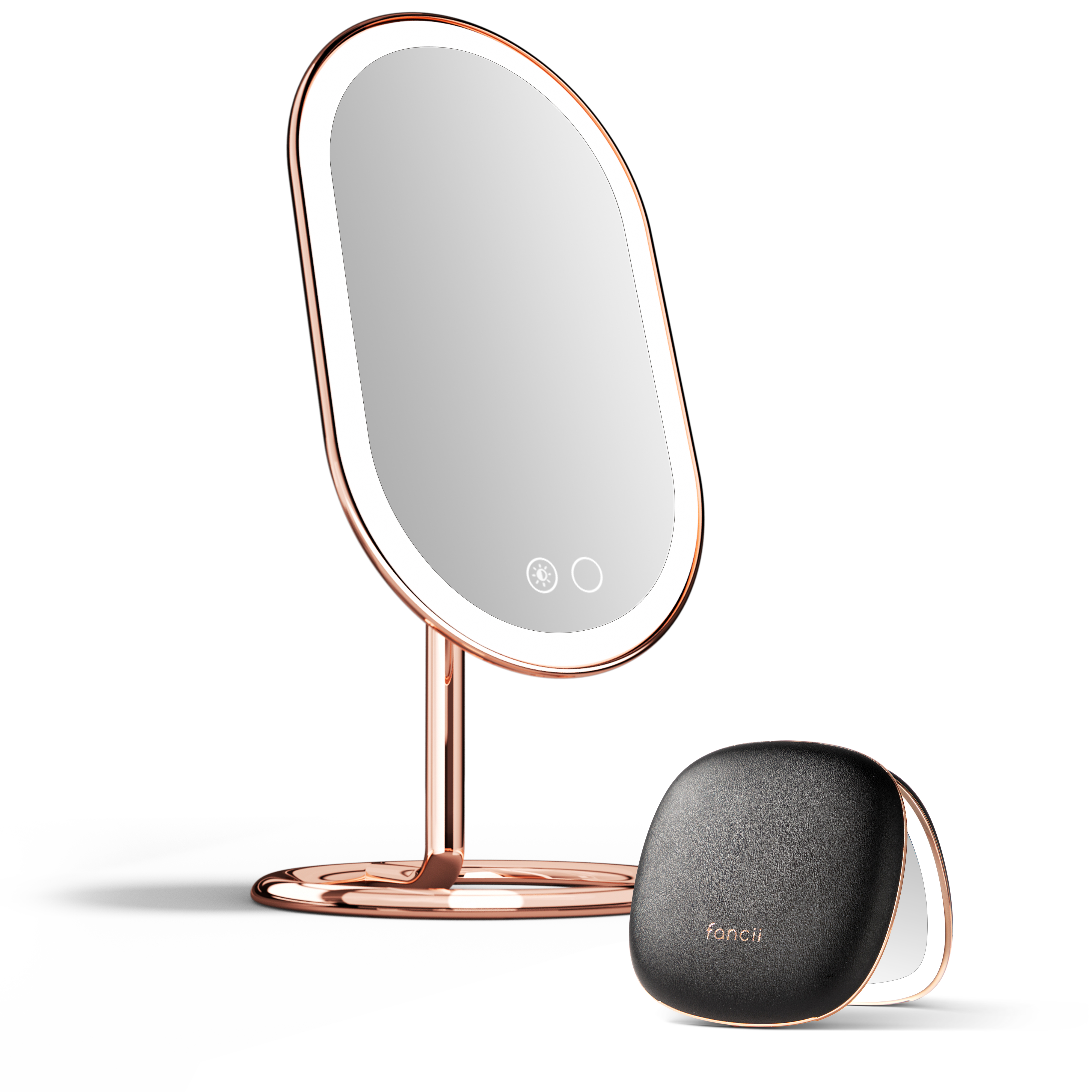 Tru-Glow Duo with Vera lighted vanity with lights for makeup and Mila 2 lighted compact by Fancii and Co in Rose Gold