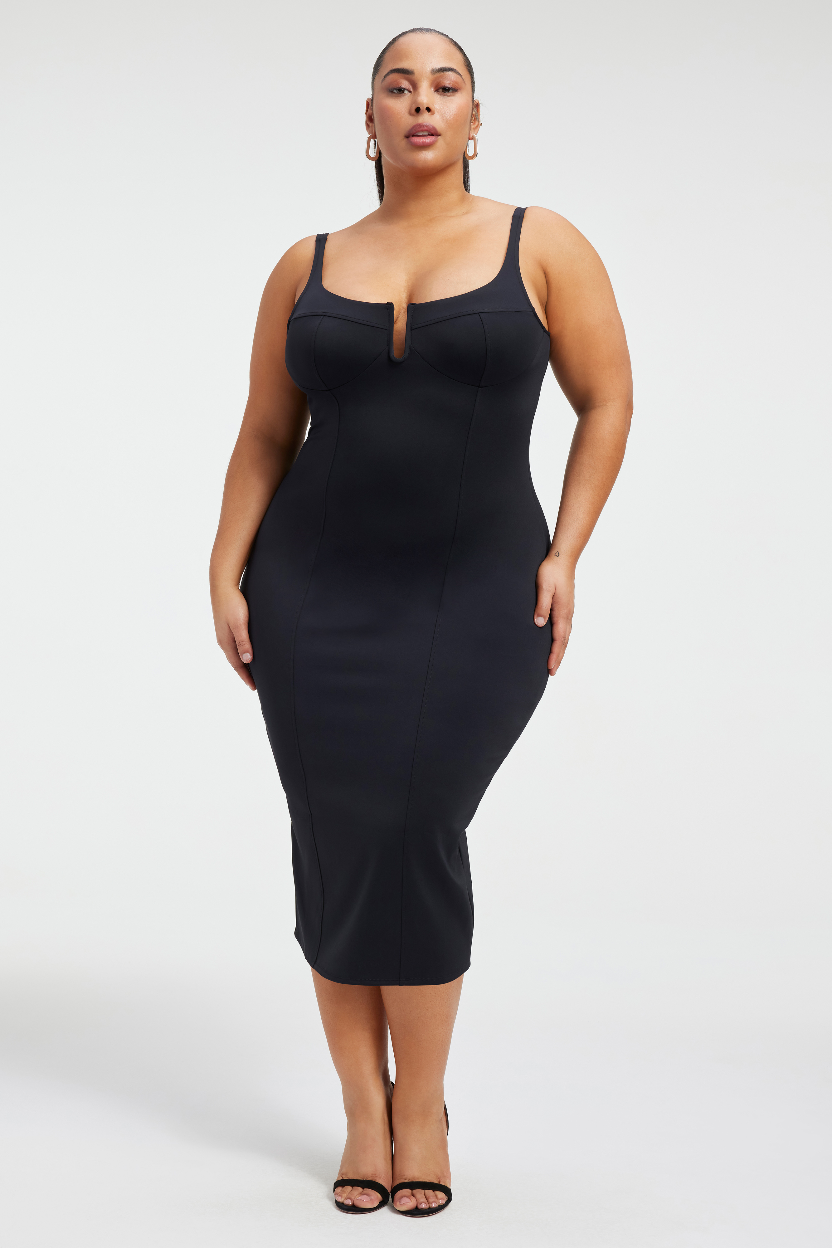 SCUBA U CORSET MIDI DRESS in BLACK001 styled with our CINDER-F*CKING-RELLA PUMP in LIGHT SMOKE001,