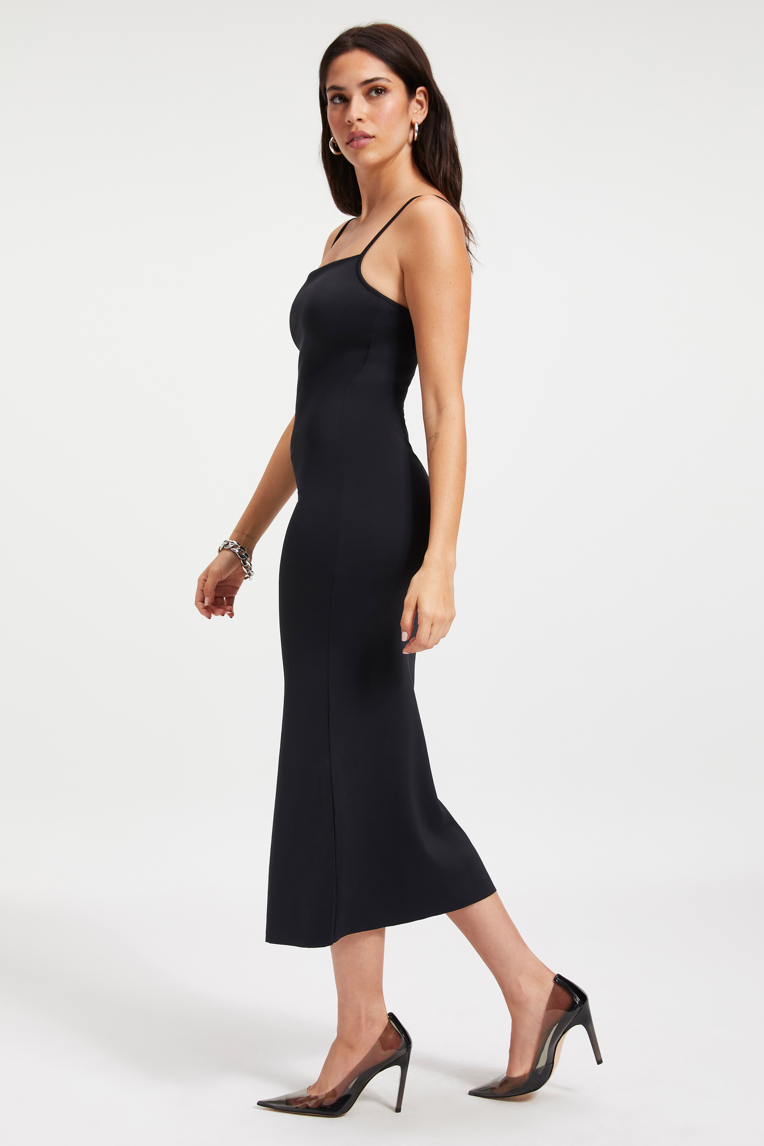Styled With feature image for product SCUBA SPAGHETTI MIDI DRESS | BLACK001
