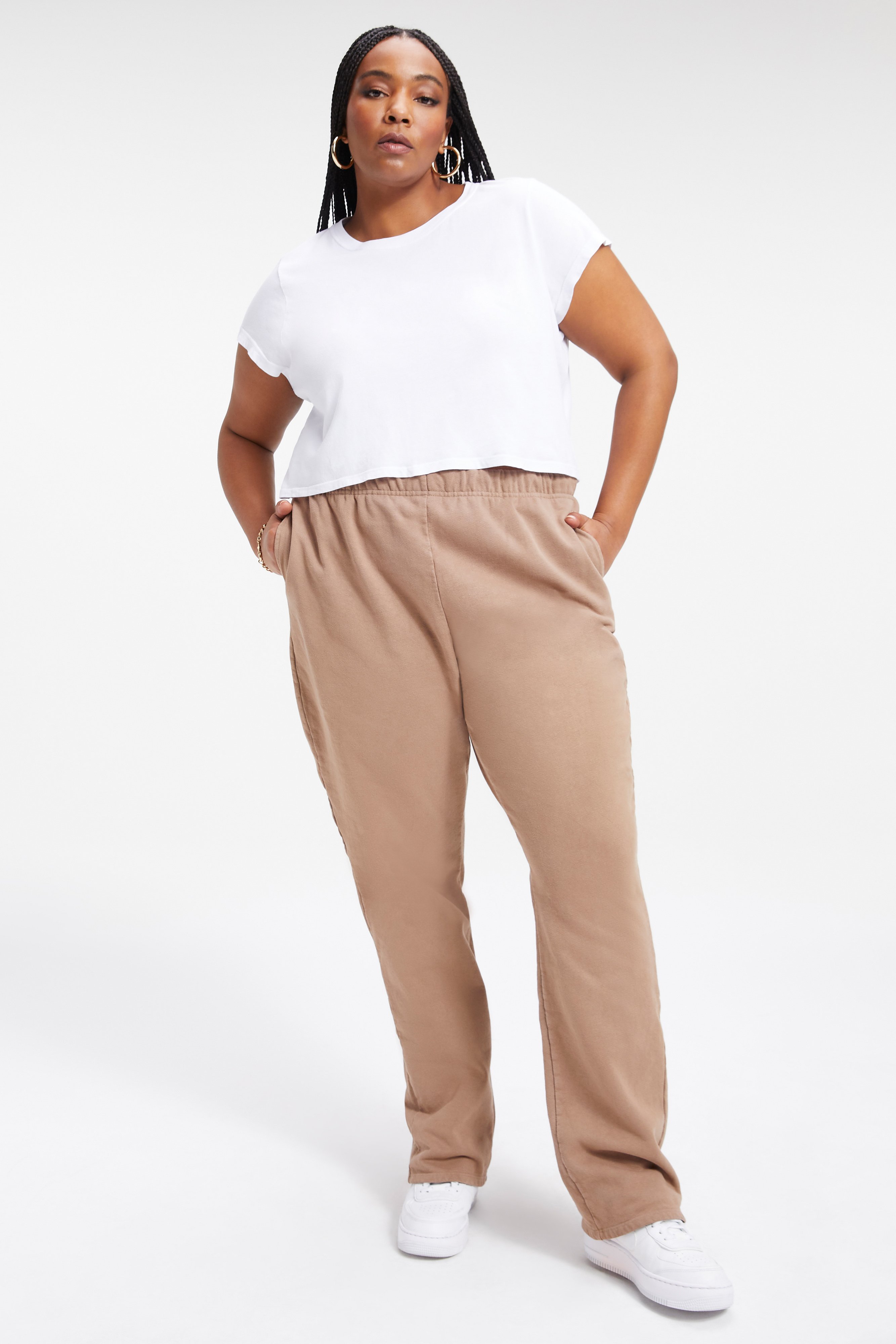RELAXED FLEECE PANT in PUTTY001 styled with our THE CROP BOY TEE in WHITE001