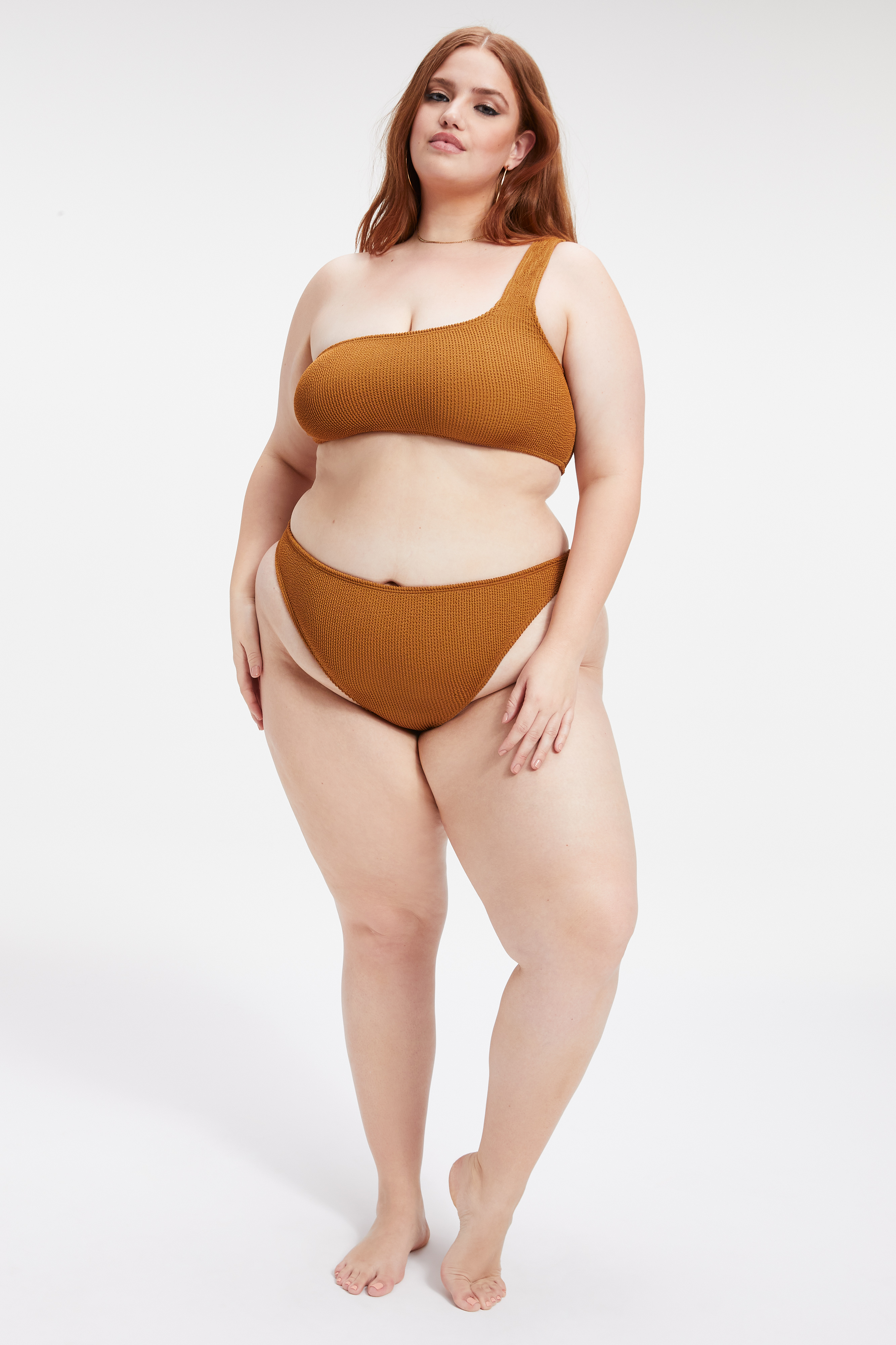 ALWAYS FITS ONE SHOULDER TOP in BRONZE BROWN001 styled with our ALWAYS FITS BETTER CHEEKY in BRONZE BROWN001, or ALWAYS FITS MINI SKIRT in BRONZE BROWN001
