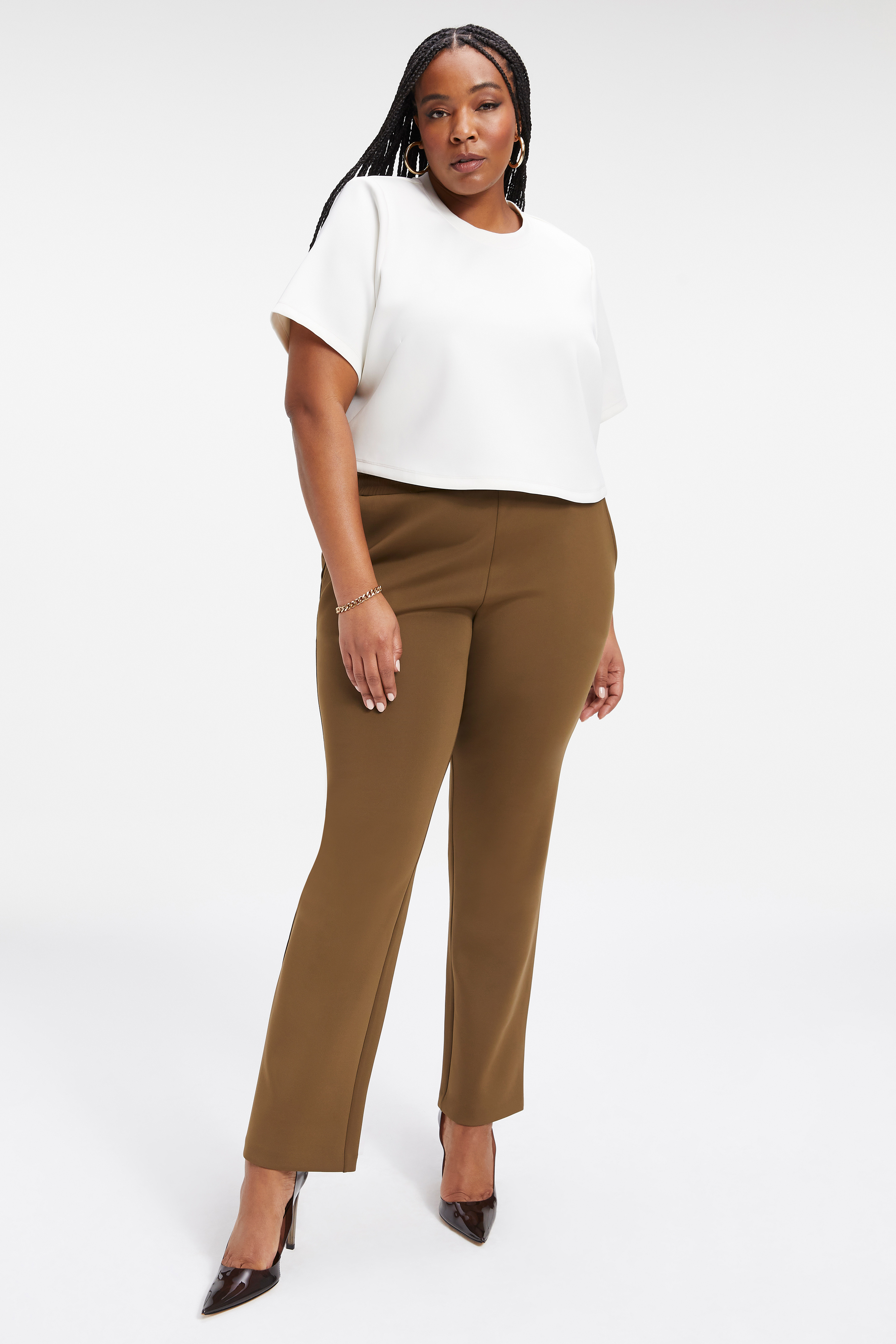 SCUBA CROP TEE in IVORY001 styled with our SCUBA RELAXED STRAIGHT PANT in FOG001