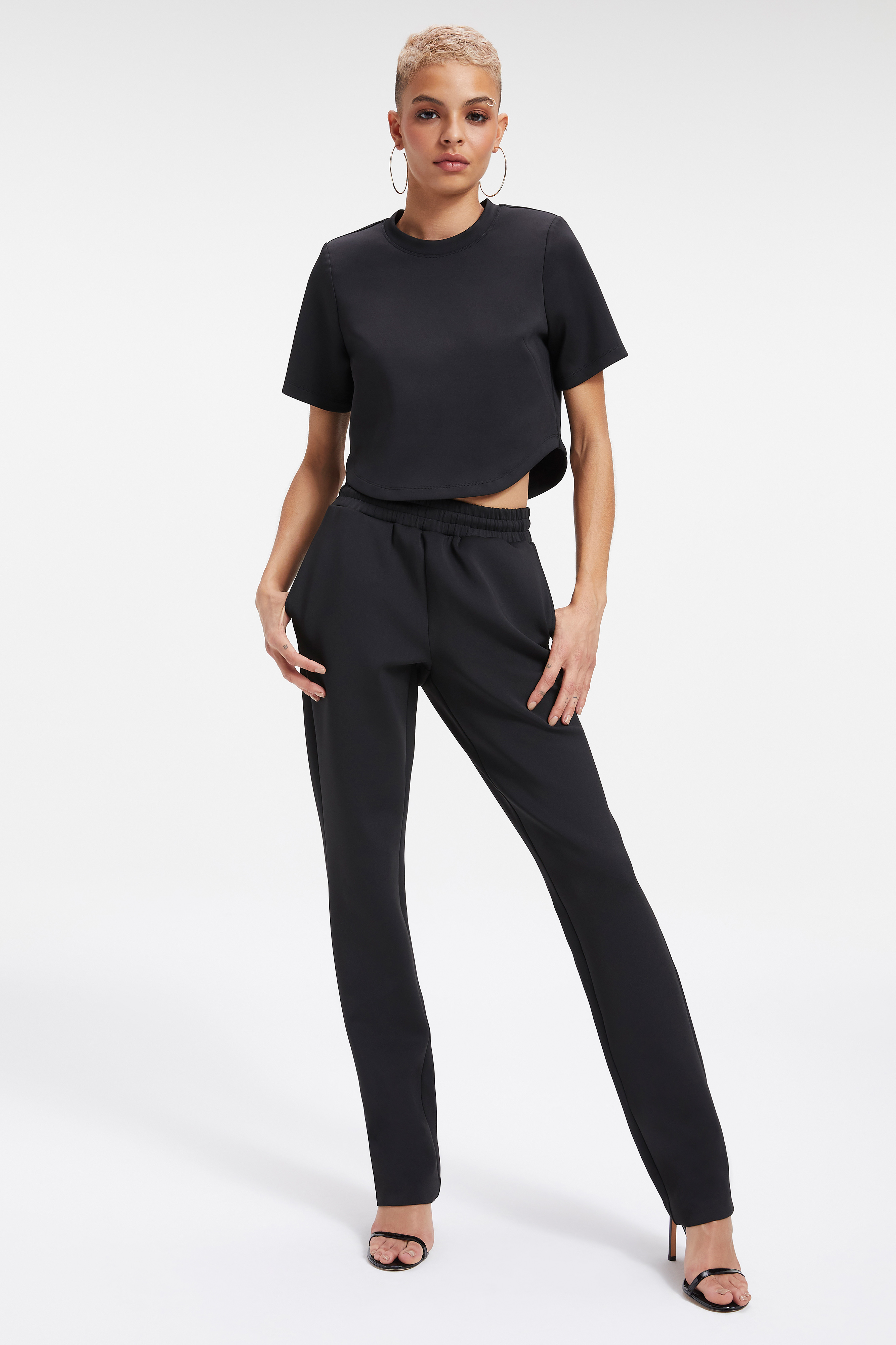 SCUBA CROP TEE in BLACK001 styled with our SCUBA RELAXED STRAIGHT PANT in BLACK001