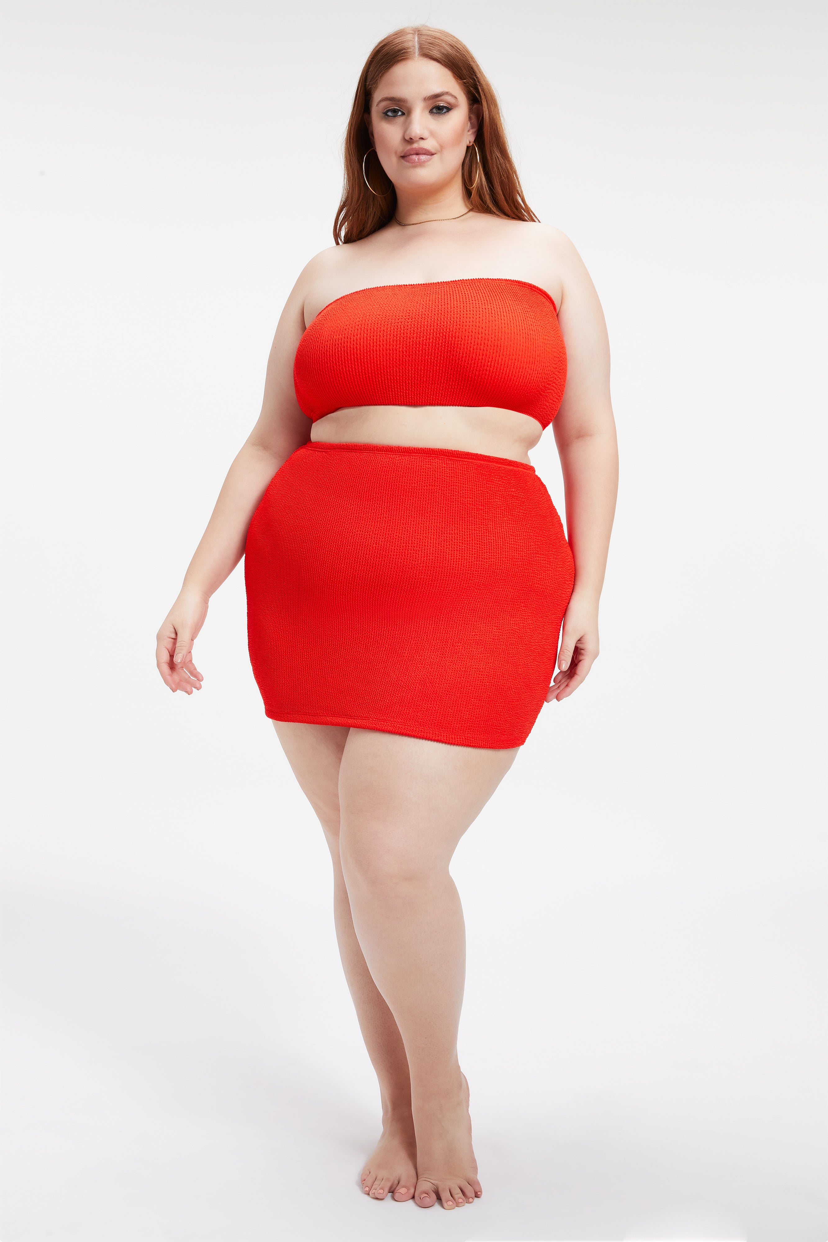ALWAYS FITS BETTER BAND BIKINI TOP in BRIGHT POPPY002 styled with our ALWAYS FITS BETTER BIKINI BOTTOM in BRIGHT POPPY002, or ALWAYS FITS MINI SKIRT in BRIGHT POPPY002