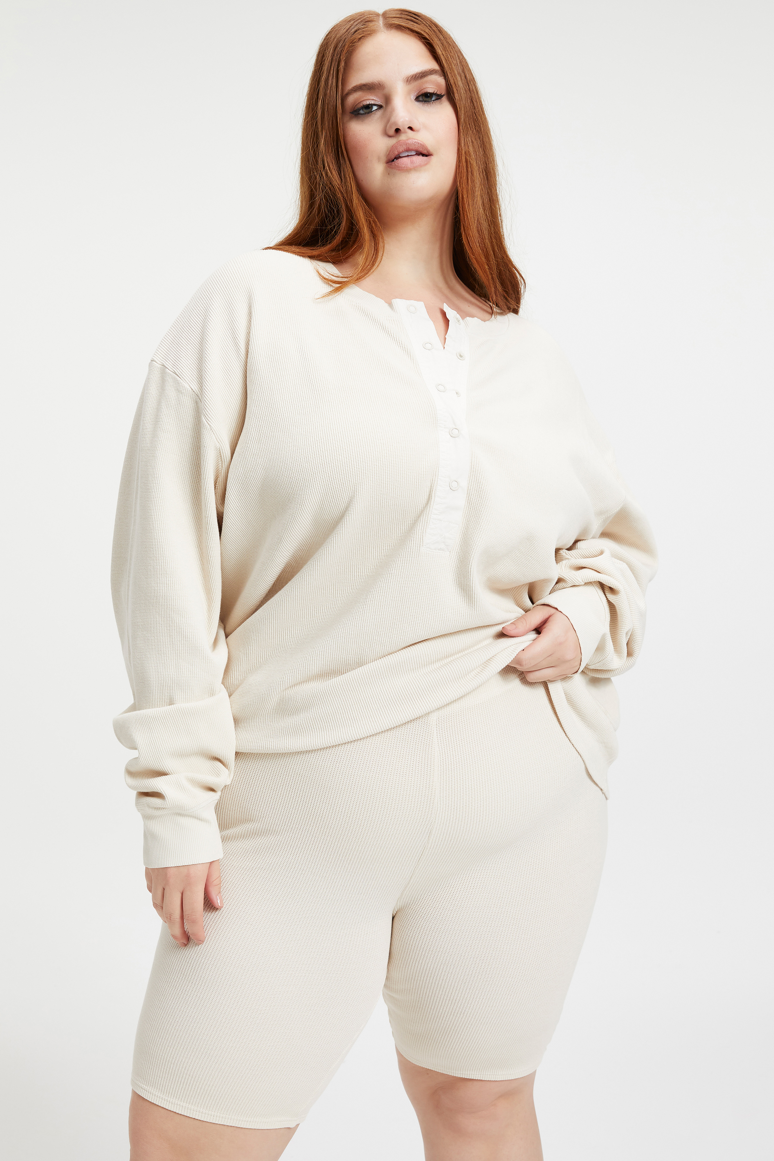 THERMAL BOYFRIEND HENLEY in BONE001 styled with our THERMAL BIKE SHORT in BONE001, THERMAL BOYFRIEND SWEATPANT in BONE001, or GOOD '90s CARPENTER PANT in RUST001