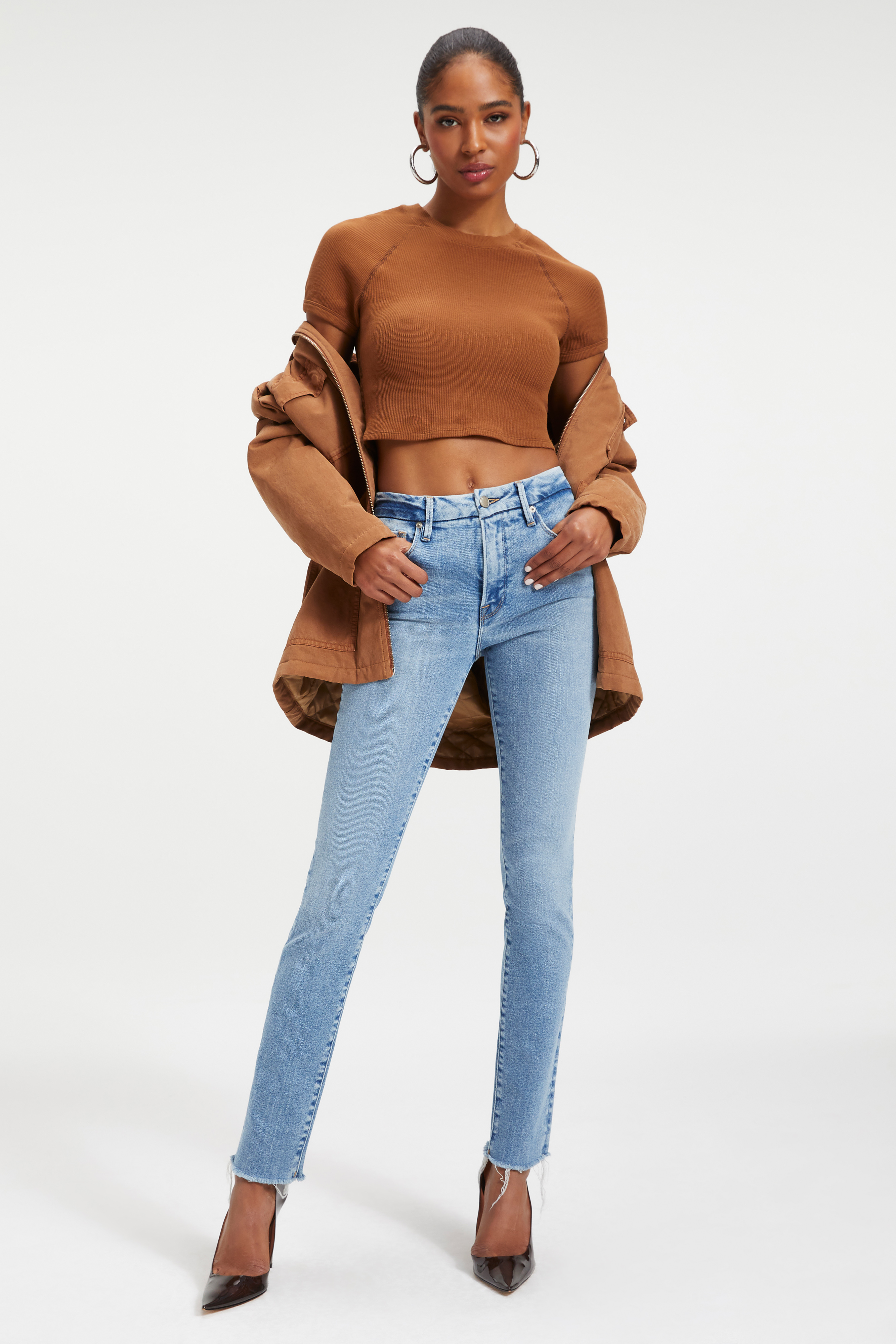 THERMAL CROPPED TEE in RUST001 styled with our CHORE JACKET in RUST001