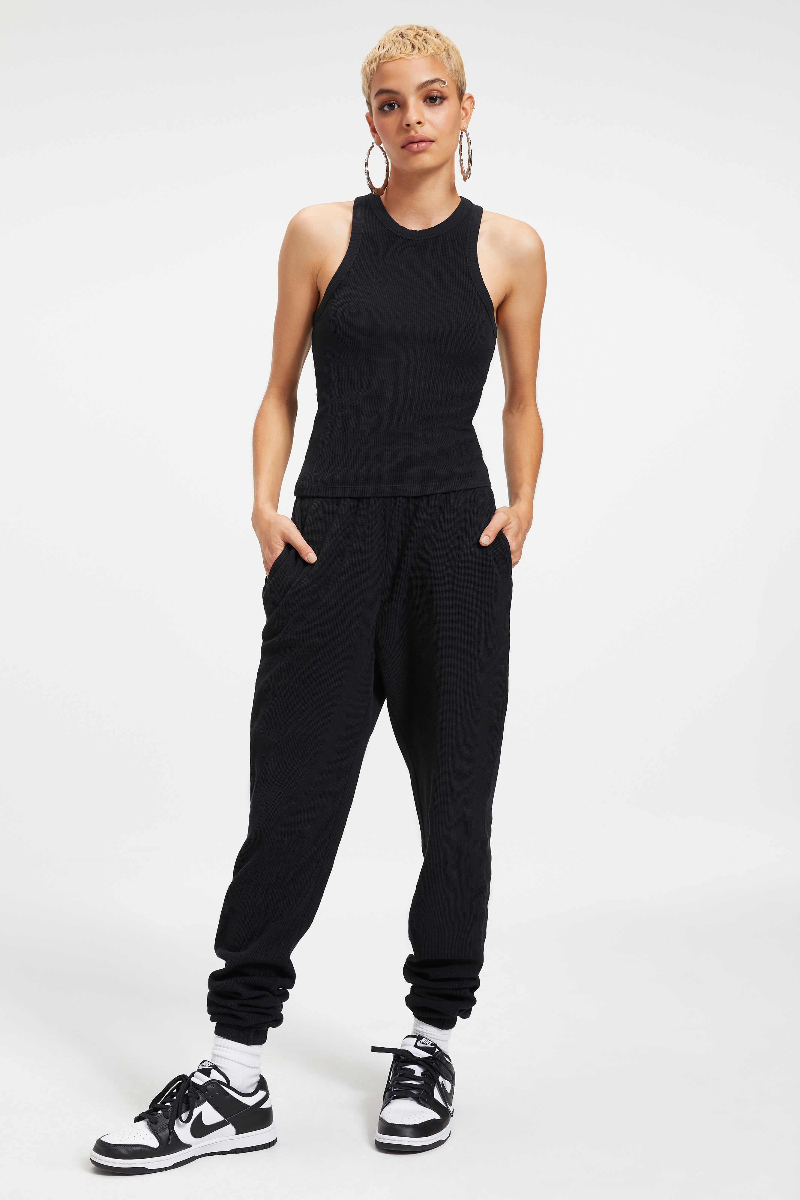 THERMAL BOYFRIEND SWEATPANT in BLACK001 styled with our THERMAL TANK TOP in BLACK001, THERMAL FITTED HENLEY in BLACK001, or THERMAL BOYFRIEND HENLEY in BLACK001
