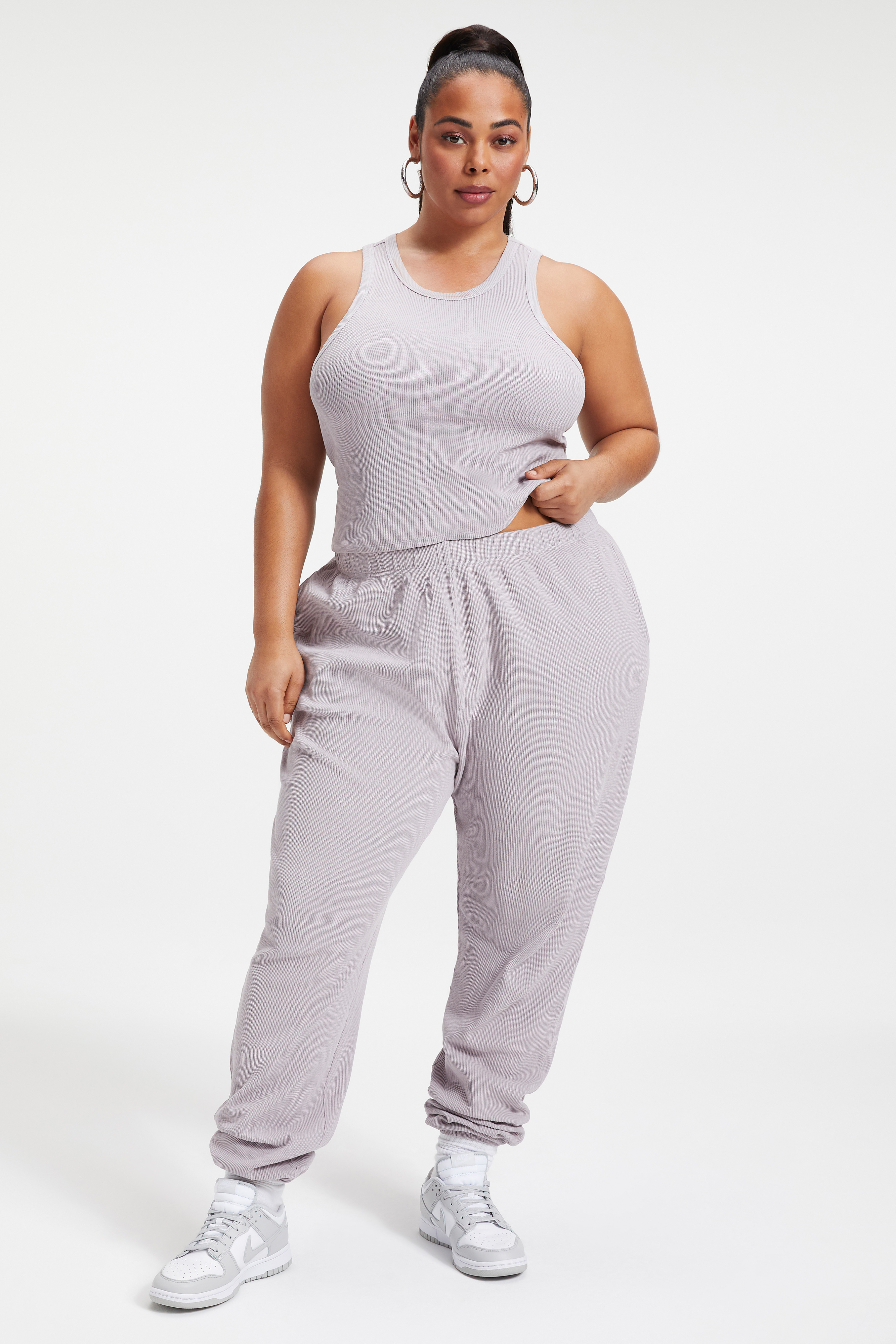 THERMAL BOYFRIEND SWEATPANT in LILAC MIST001 styled with our THERMAL FITTED HENLEY in LILAC MIST001, or THERMAL BOYFRIEND SWEATSHIRT in LILAC MIST001