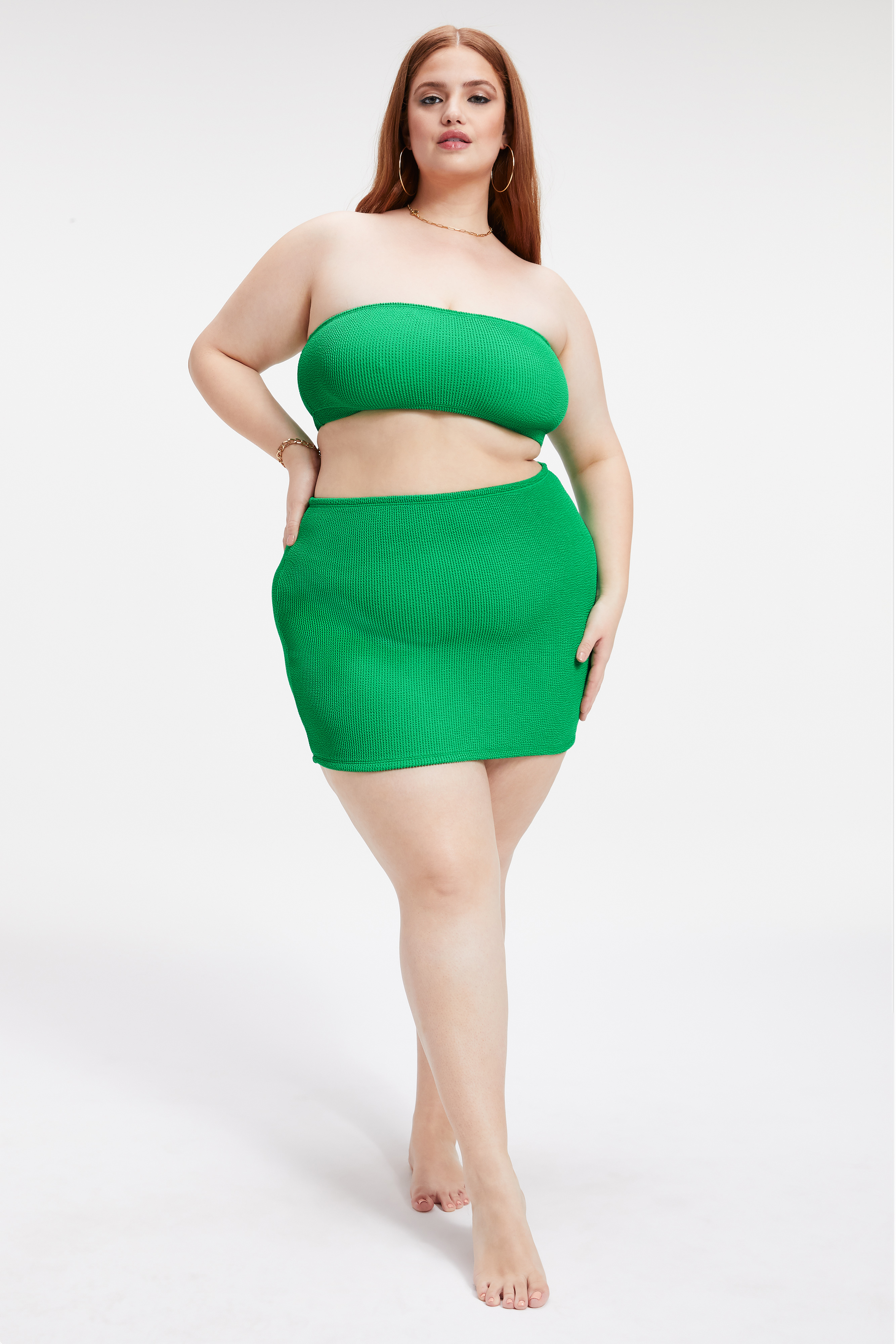 ALWAYS FITS MINI SKIRT in SUMMER GREEN002 styled with our ALWAYS FITS BETTER BAND BIKINI TOP in SUMMER GREEN002, or ALWAYS FITS BETTER BIKINI BOTTOM in SUMMER GREEN002