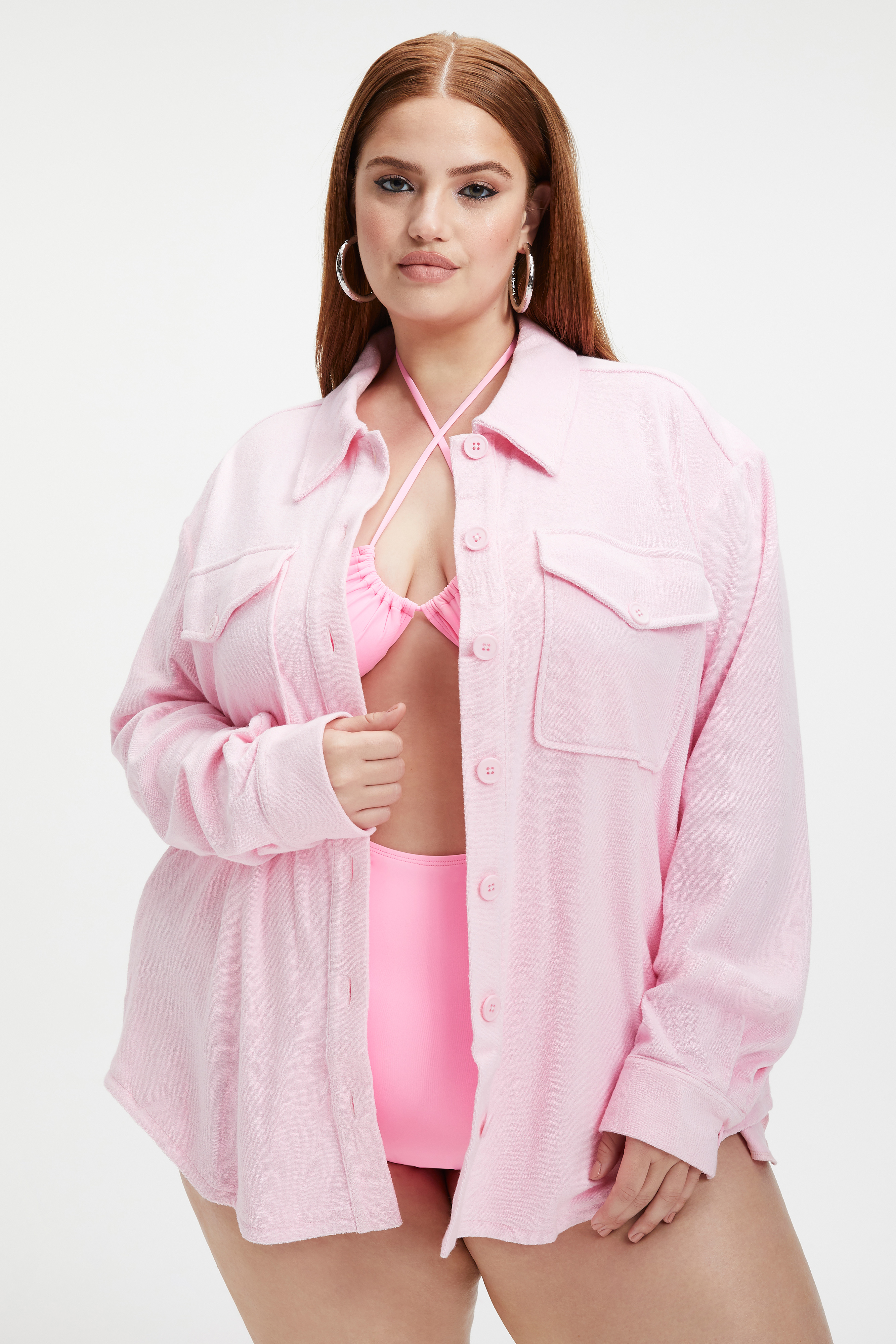 TERRY SHACKET in ICED PINK001 styled with our HALTER ONE-PIECE SWIMSUIT in SUGAR PINK002