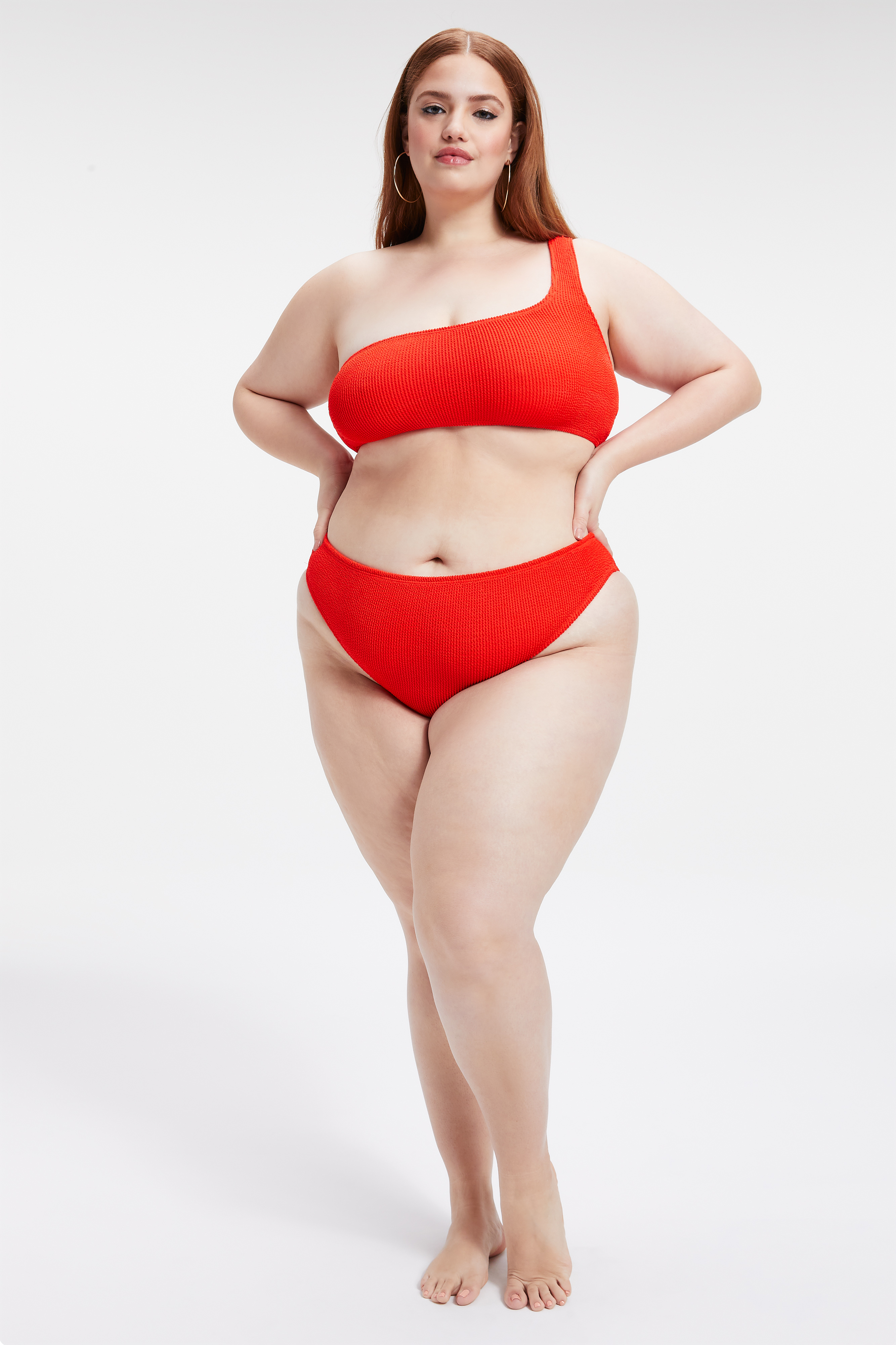 ALWAYS FITS SHOULDER BIKINI TOP in BRIGHT POPPY002 styled with our ALWAYS FITS BETTER BIKINI BOTTOM in BRIGHT POPPY002, or ALWAYS FITS MINI SKIRT in BRIGHT POPPY002