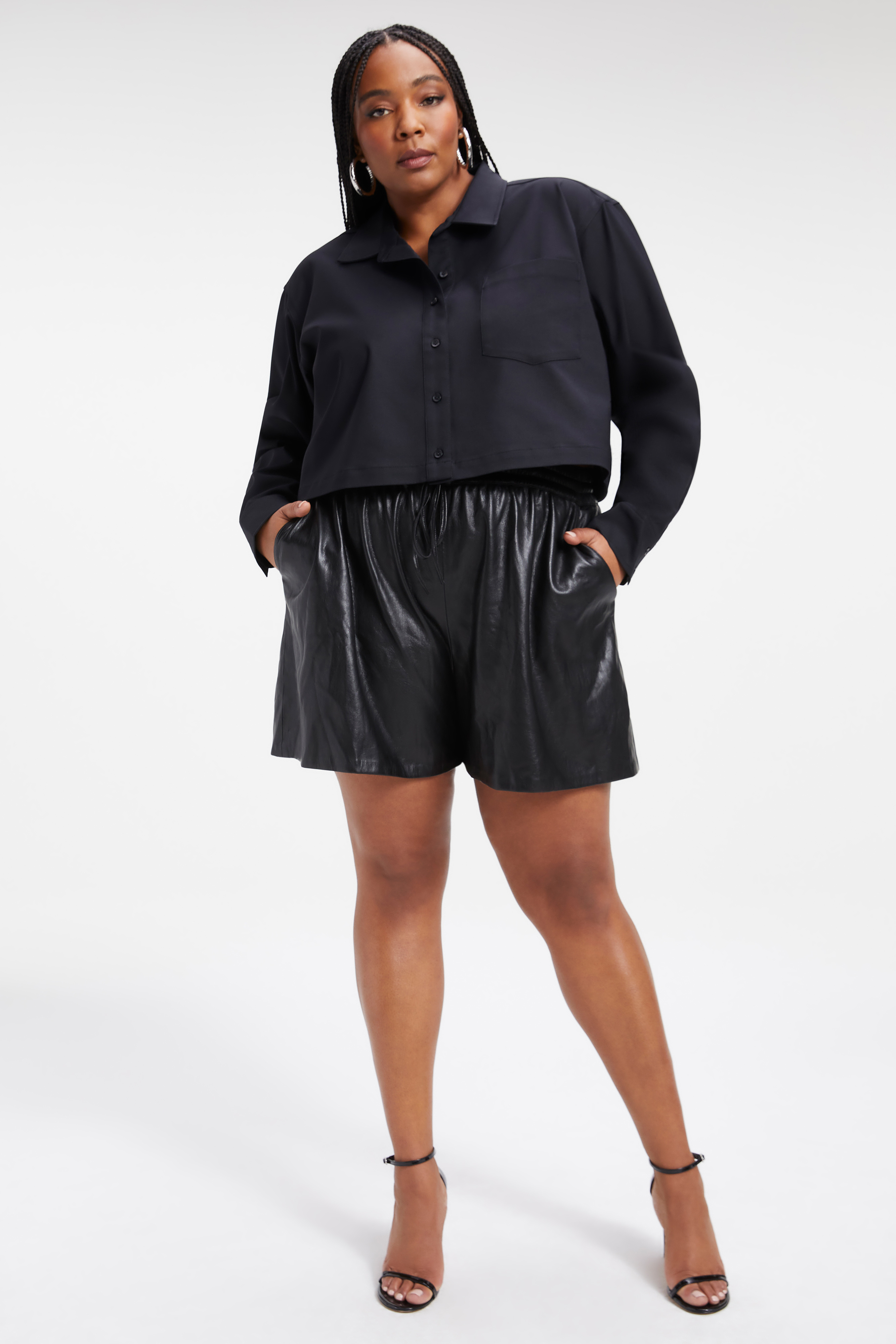 THE GOOD SHIRT CROPPED in BLACK001 styled with our FAUX LEATHER SHORT in BLACK001