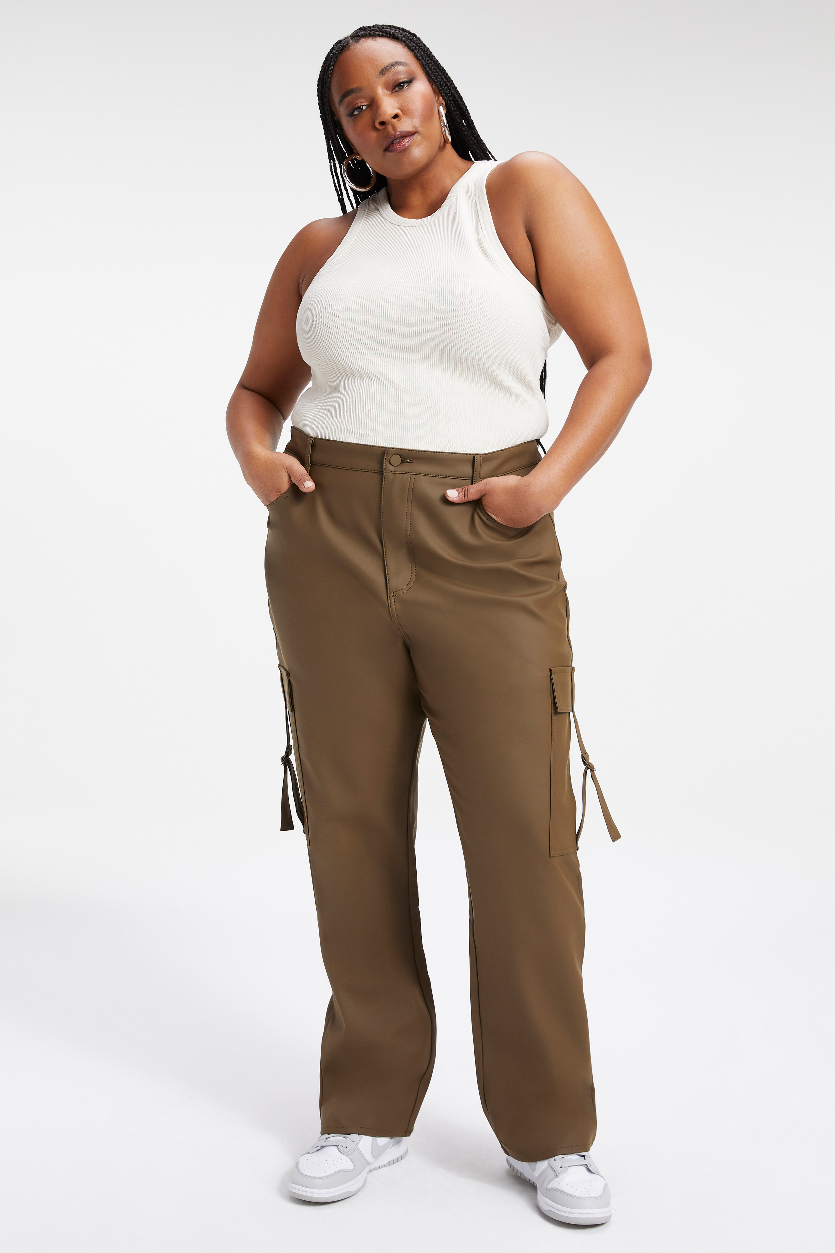 THERMAL TANK TOP in BONE001 styled with our GOOD '90S FAUX LEATHER TROOPER PANT in FOG001, THERMAL BIKE SHORT in BONE001, or THERMAL BOYFRIEND SWEATPANT in BONE001