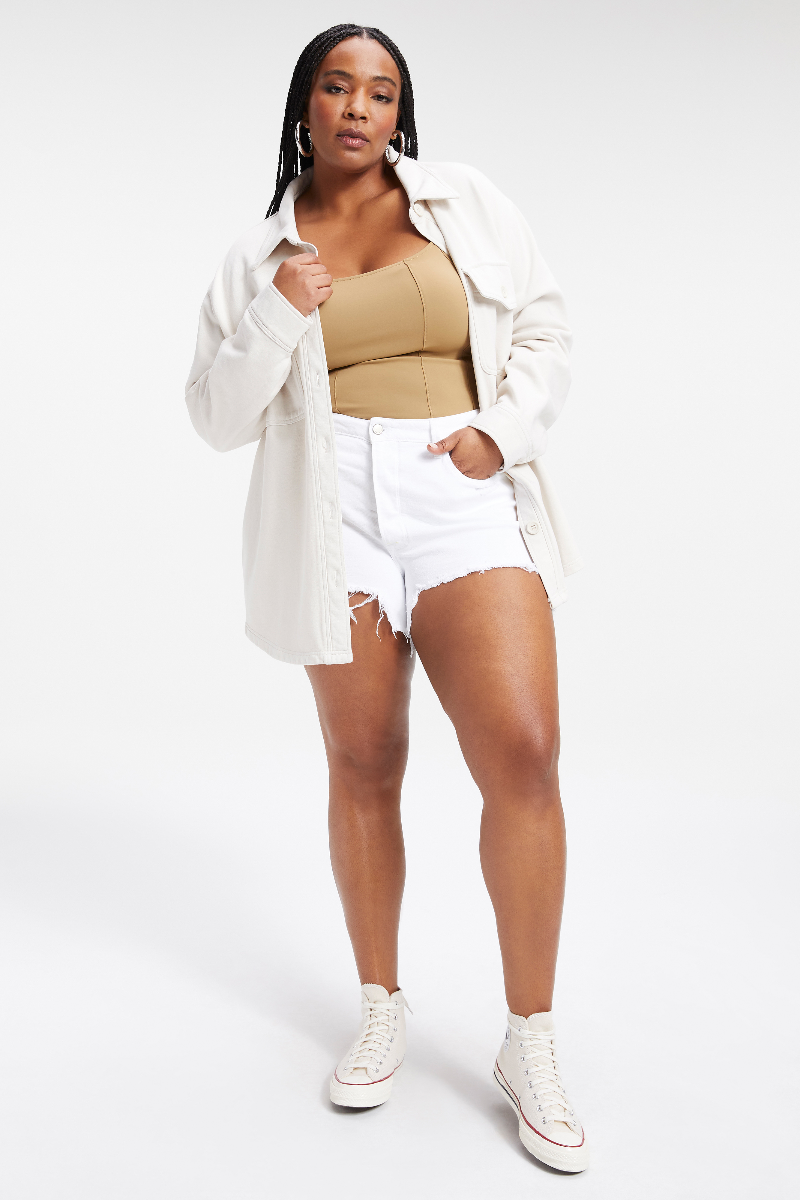 SCUBA CONTOUR BODYSUIT in PECAN001 styled with our FLEECE SHACKET in BONE001
