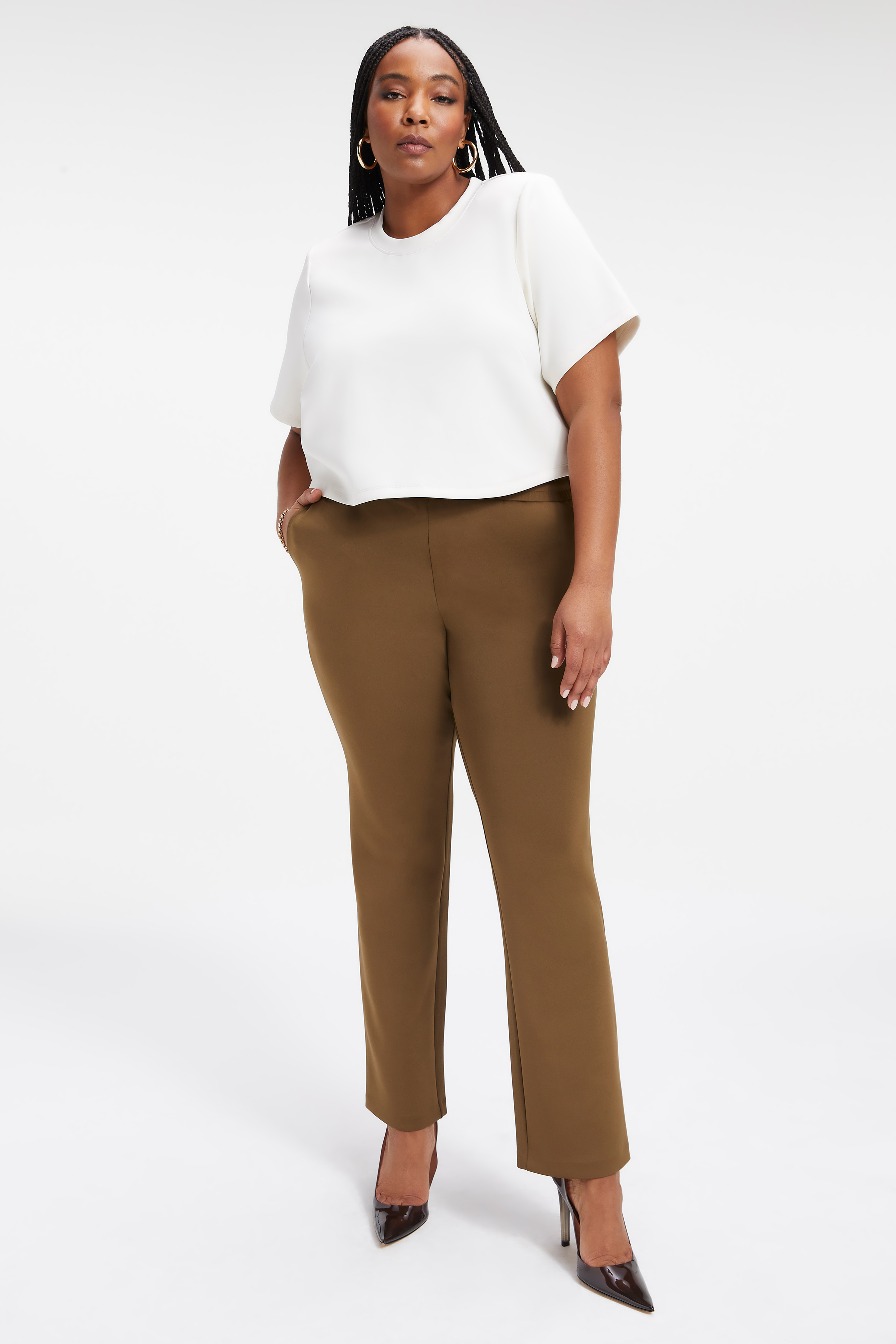 SCUBA RELAXED STRAIGHT PANT in FOG001 styled with our SCUBA CROP TEE in IVORY001,