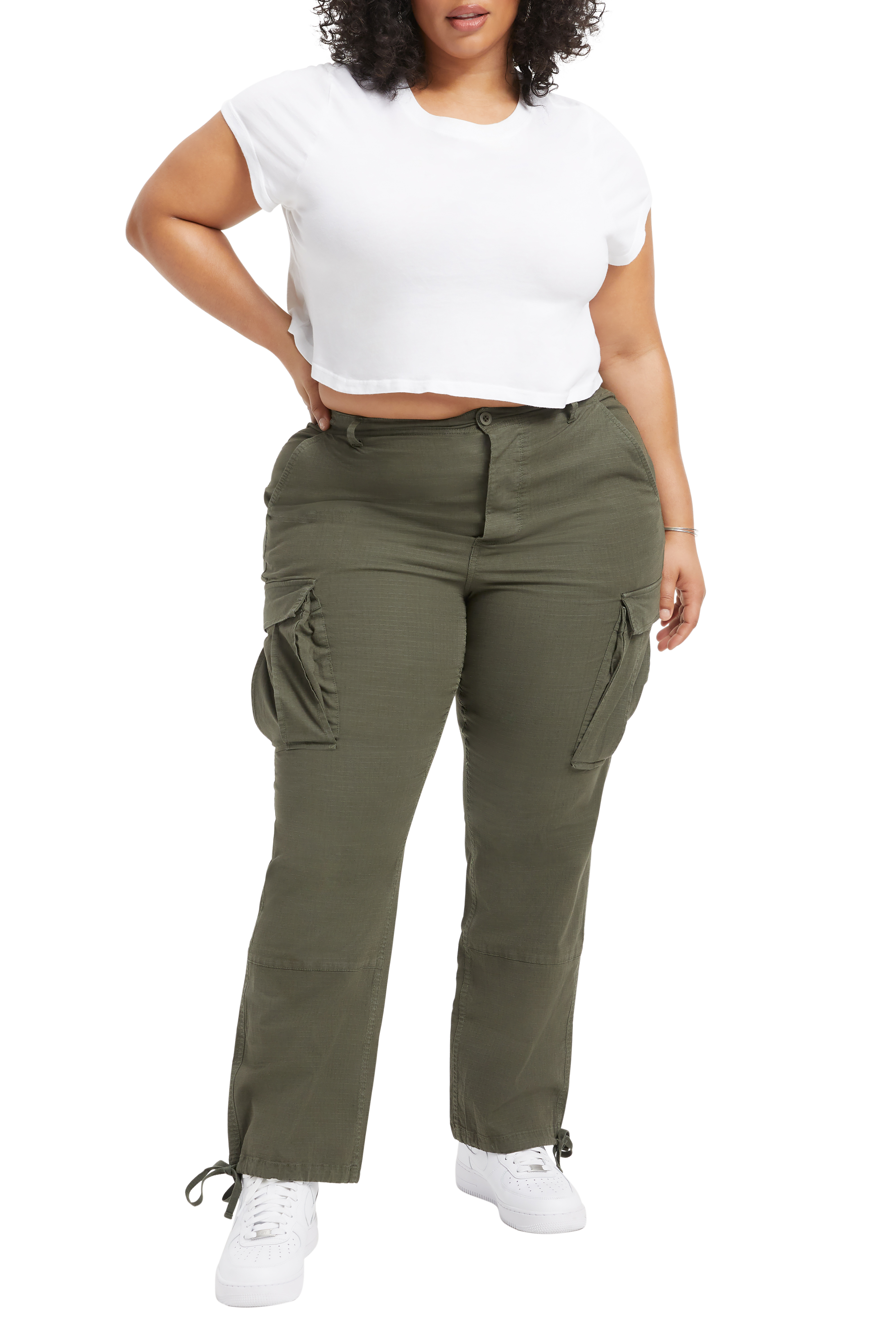 DESERT CARGO PANT in ENVYGREEN001 styled with our THE CROP BOY TEE in WHITE001, or THERMAL CROPPED TEE in BONE001