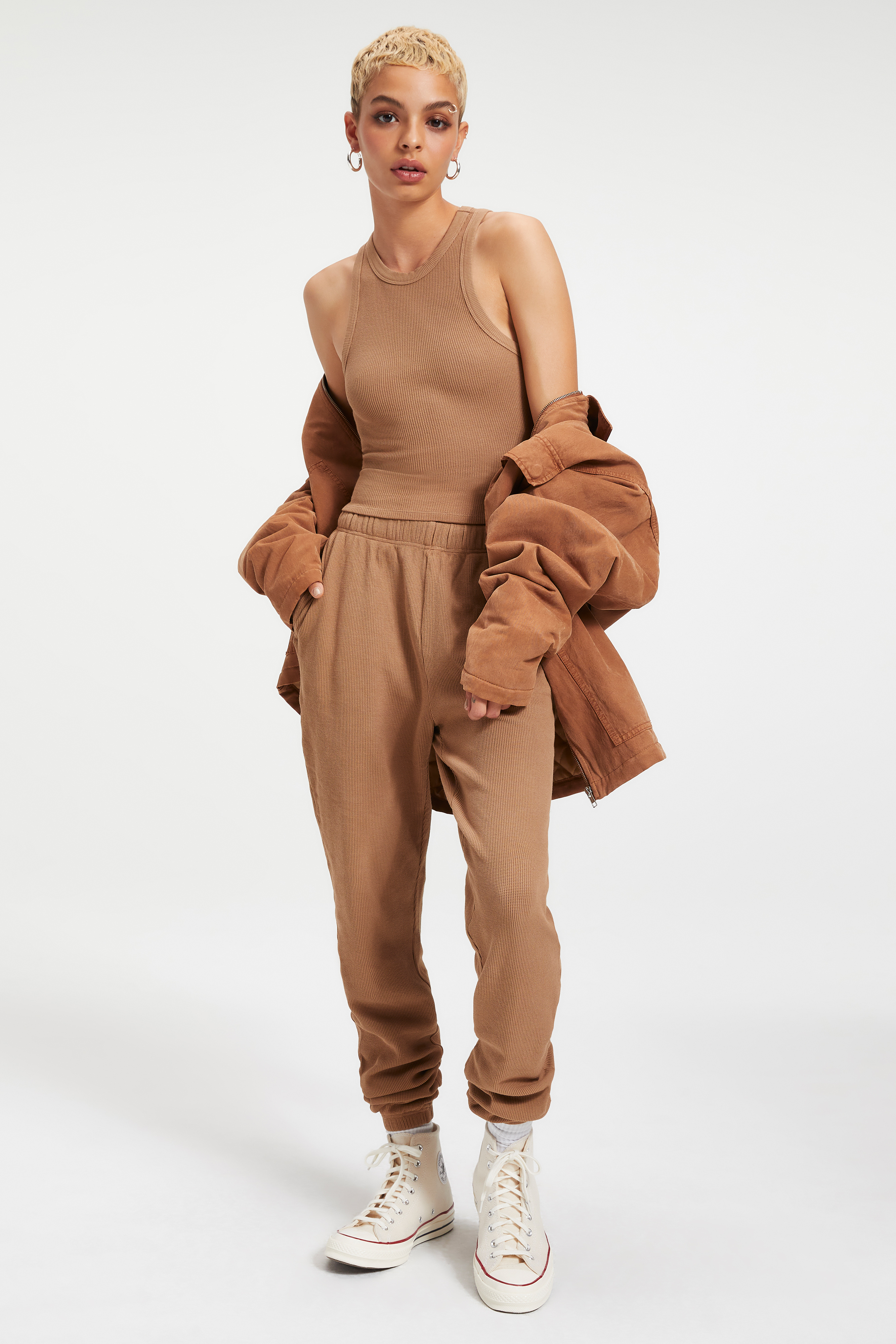 THERMAL TANK TOP in PUTTY001 styled with our THERMAL BOYFRIEND SWEATPANT in PUTTY001, CHORE JACKET in RUST001, or THERMAL BIKE SHORT in PUTTY001