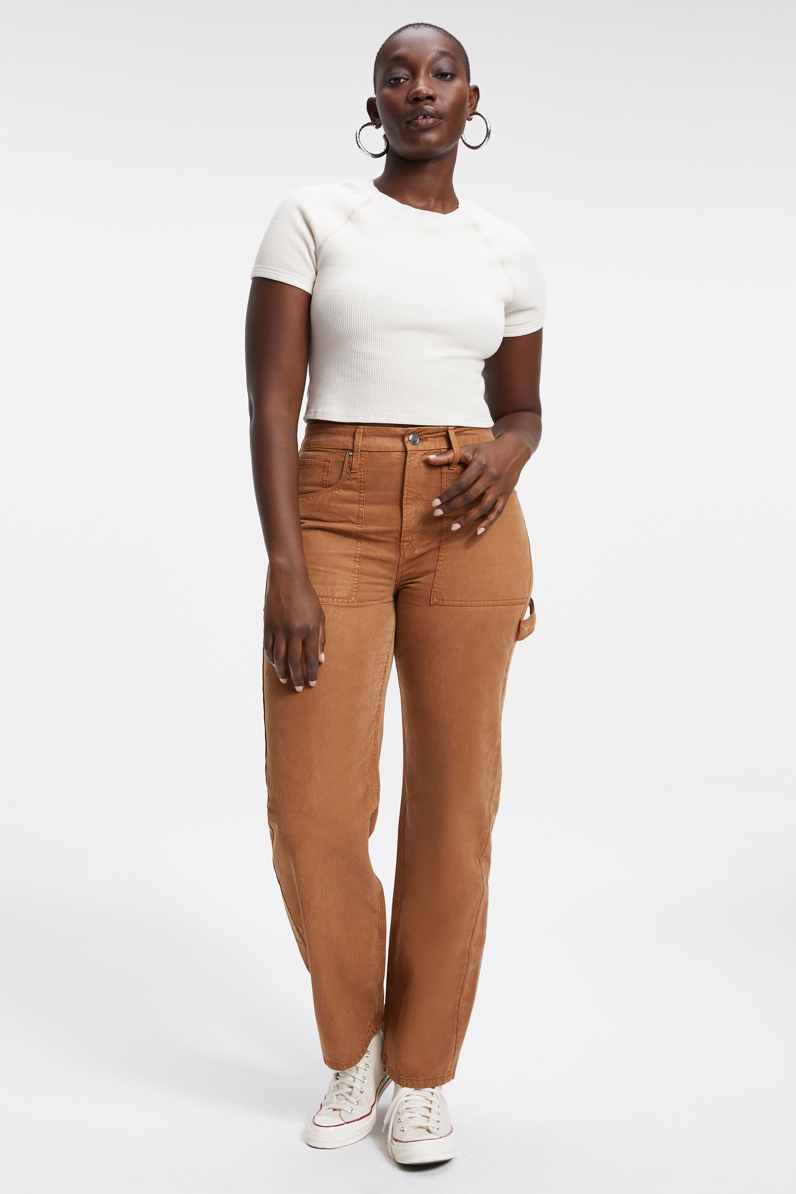 THERMAL CROPPED TEE in BONE001 styled with our GOOD '90s CARPENTER PANT in RUST001, THERMAL BIKE SHORT in BONE001, or THERMAL BOYFRIEND SWEATPANT in BONE001
