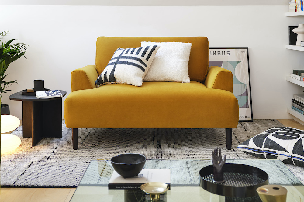 Model 05 loveseat in velvet mustard