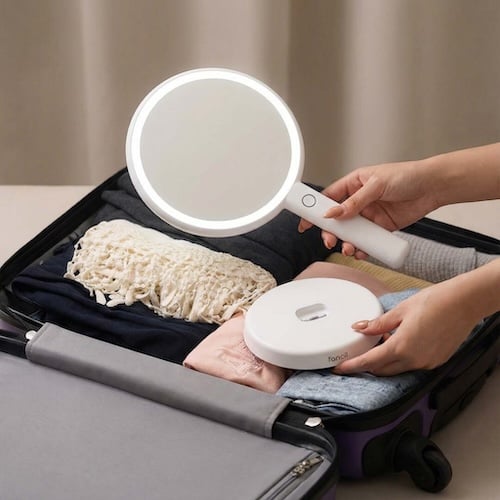 LED mirror hand held and double-sided with magnification_Cami in Madison Makeup Case by Fancii and Co