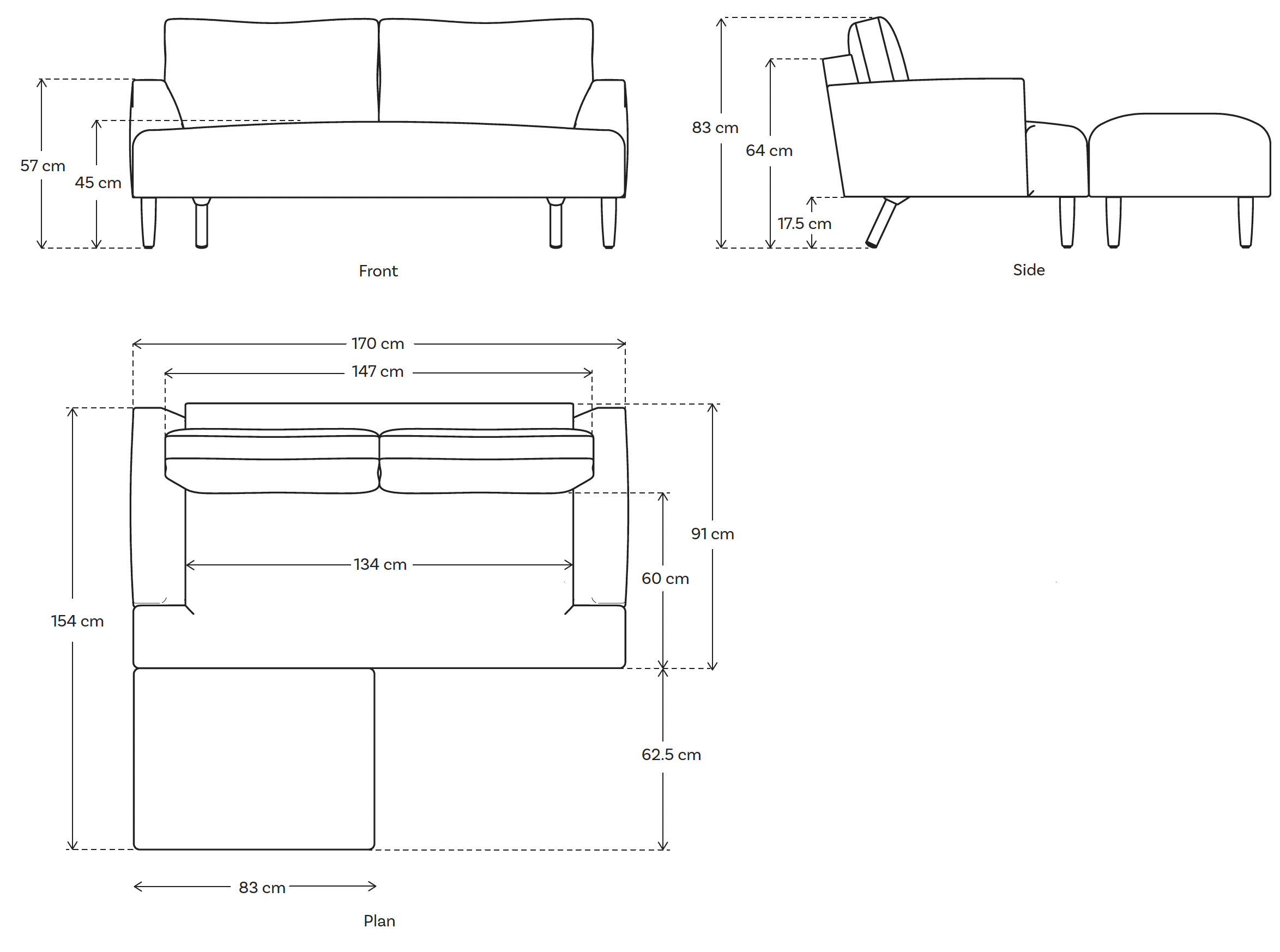 2 seater chaise sofa dimensions