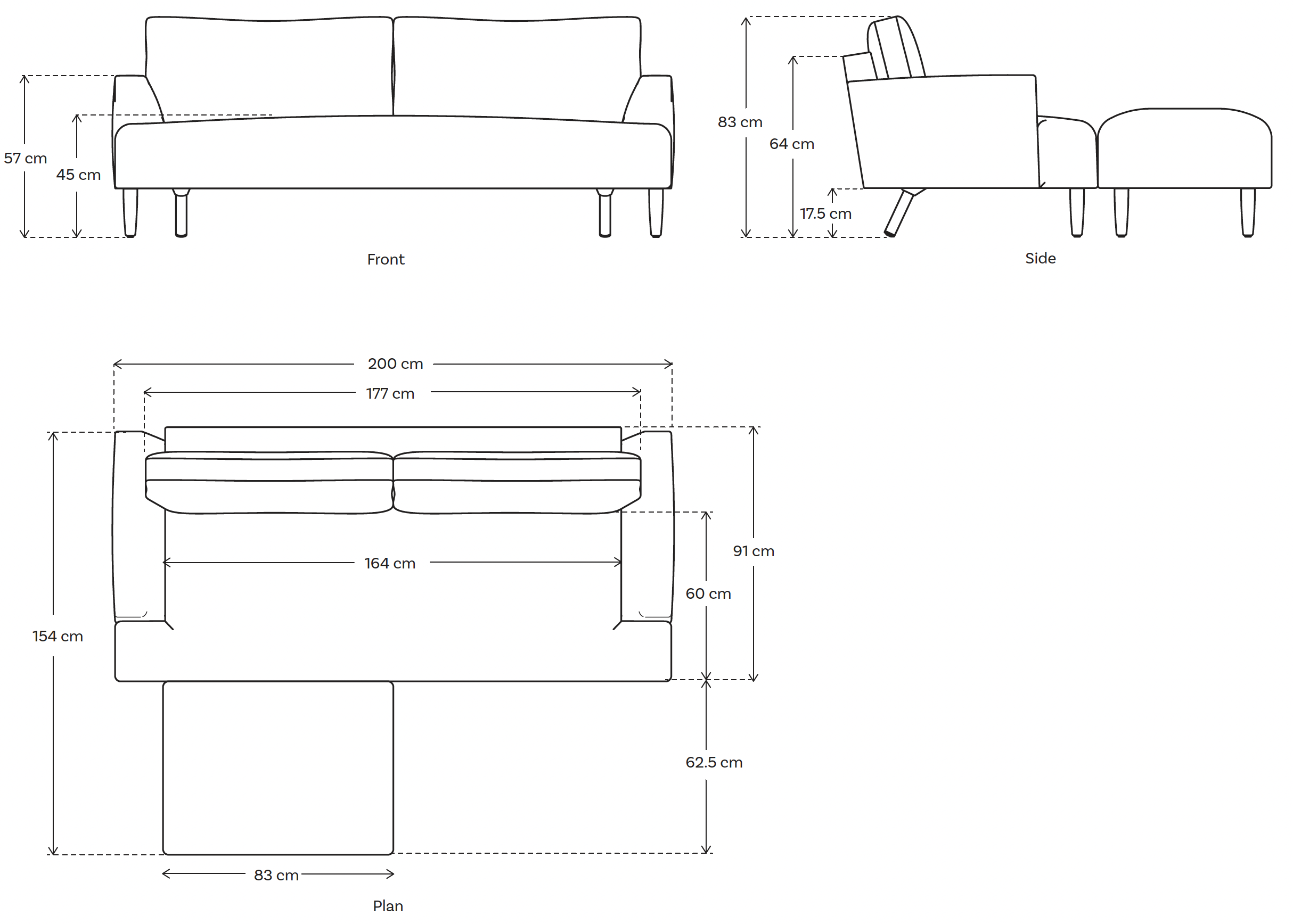 3 seater chaise sofa dimensions