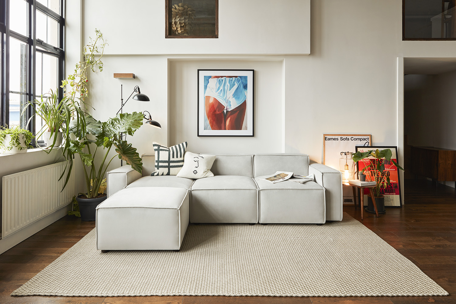 Model 03 3 seater chaise sofa in light grey velvet