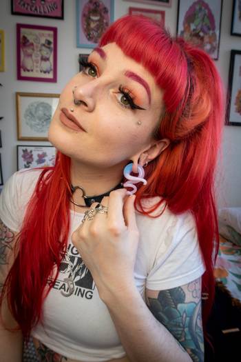 Girl wearing cute Blue & Pink Glass Spiral Ear Hangers - Pair