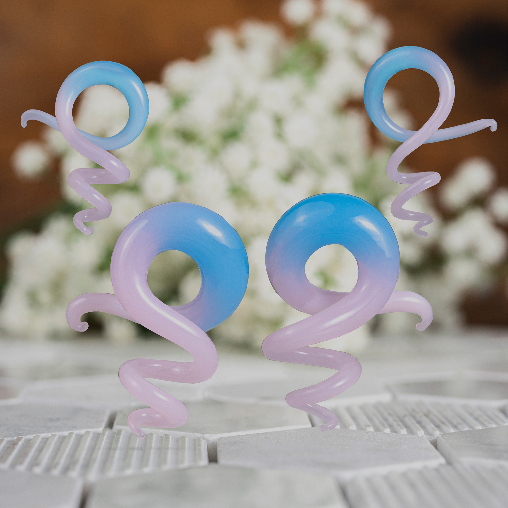 pretty  Blue & Pink Glass Spiral Plug / Gauge (Pair)