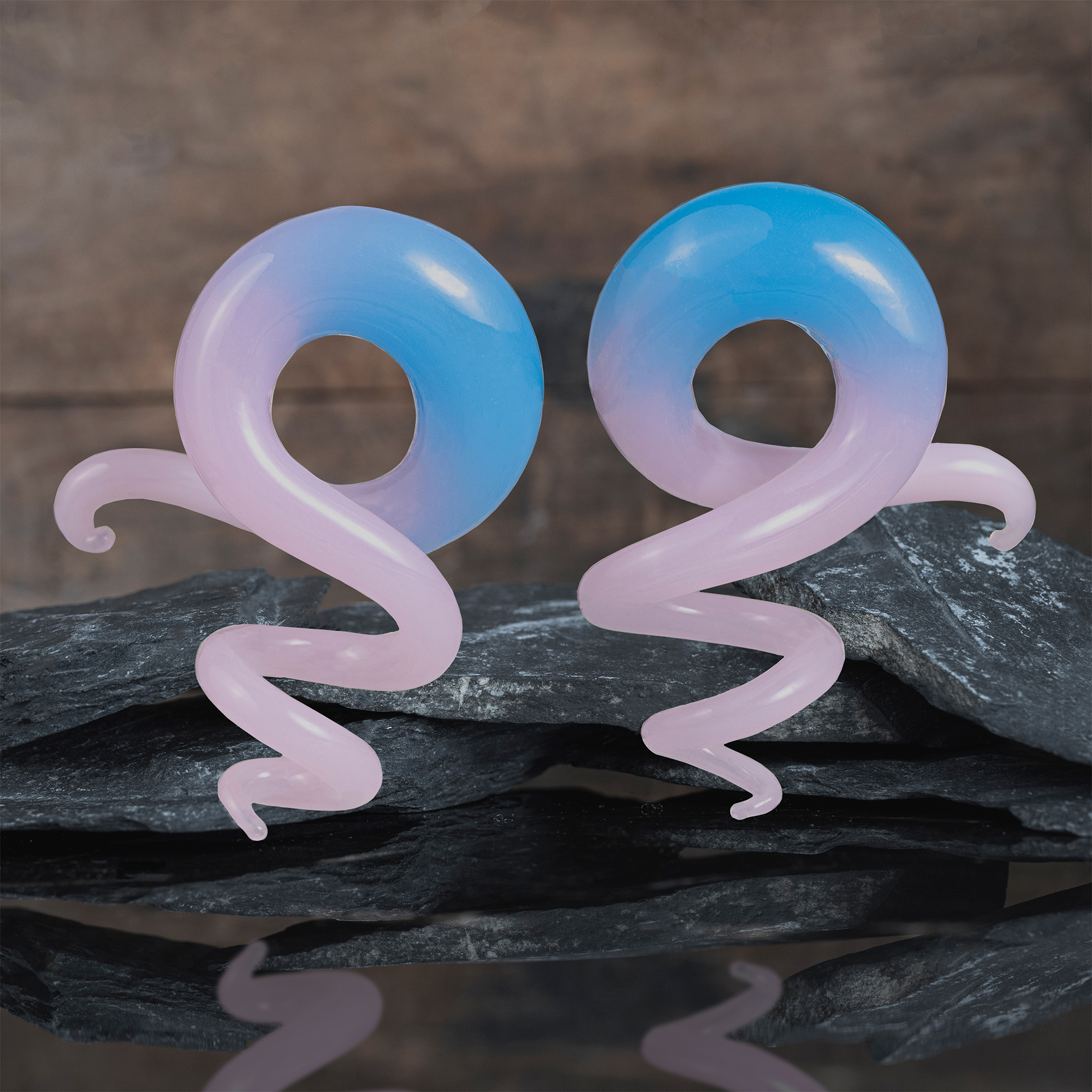 light  Blue & Pink Glass Spiral Plug / Gauge (Pair)