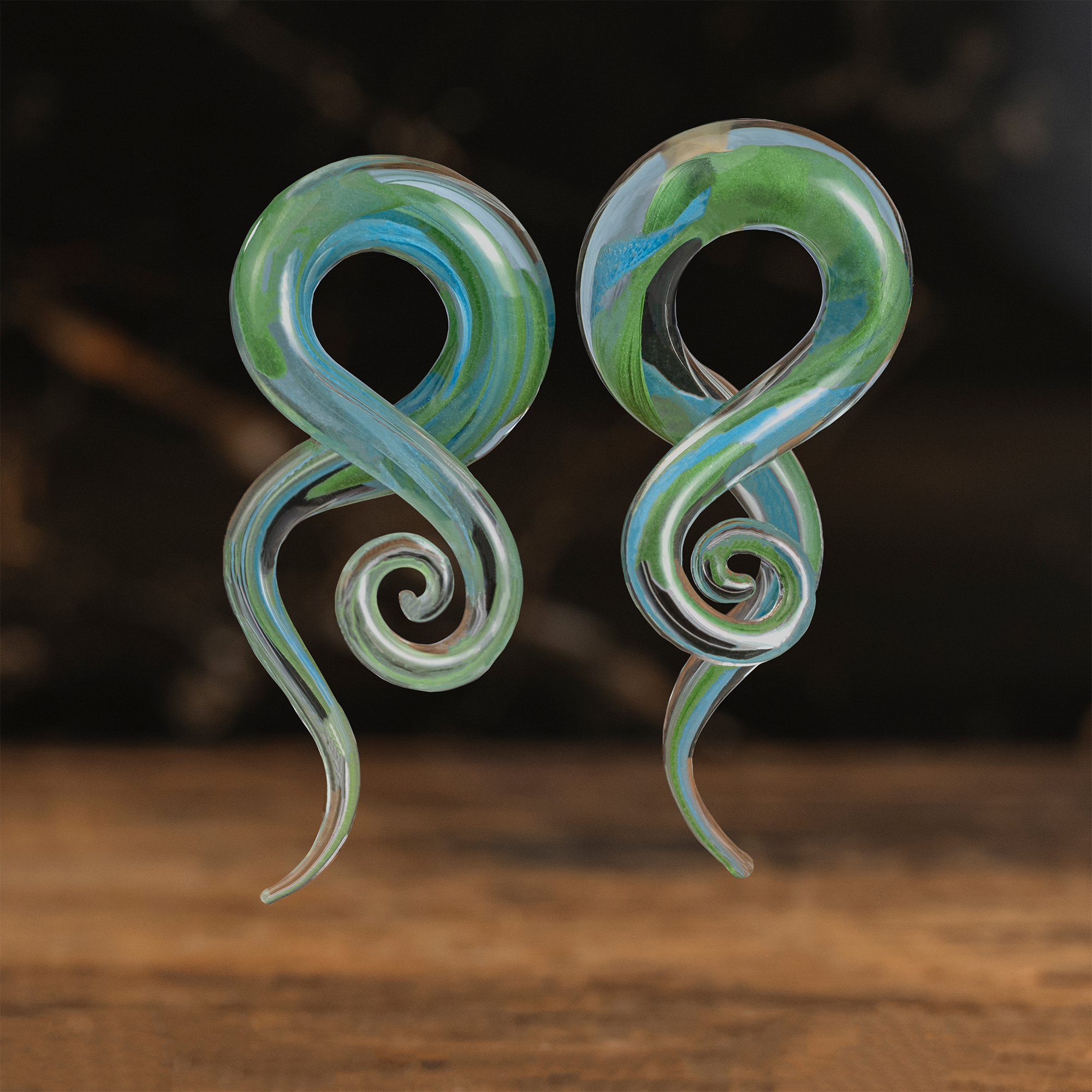 Cute Green & Blue Glass Spiral Plug / Gauge (Pair)