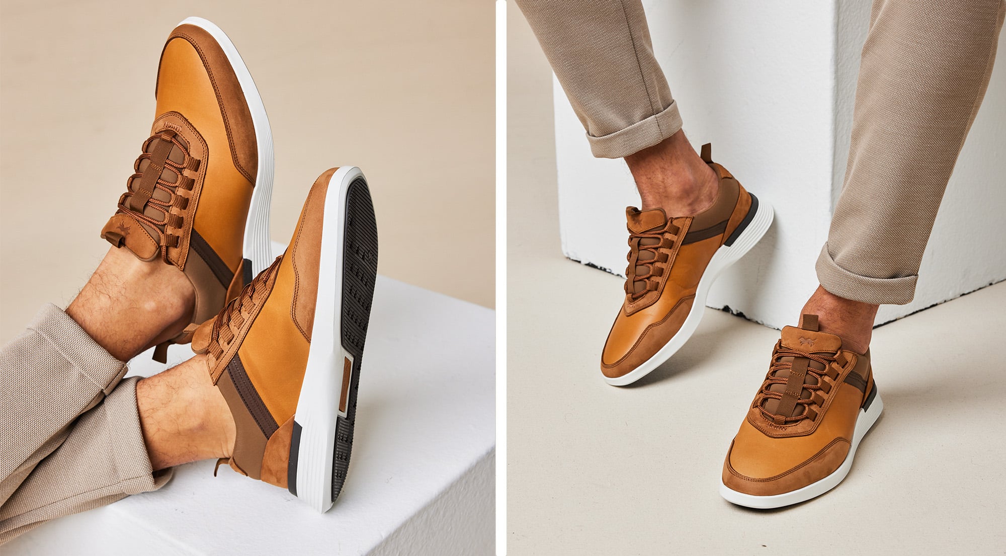 2 views side by side of the Crossover Victory Trainer in honey / white Left view of a knee down view of a man crossing his legs over featuring the Crossover Victory Trainer in honey / white. To the right is a knee down of a man seated wearing Crossover Victory Trainer in honey / white.